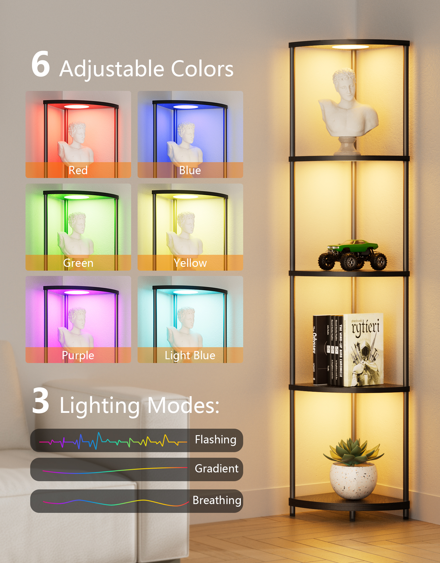 Corner Shelf with RGBCW LED Light, 64.5” Tall Floor Lamp Narrow