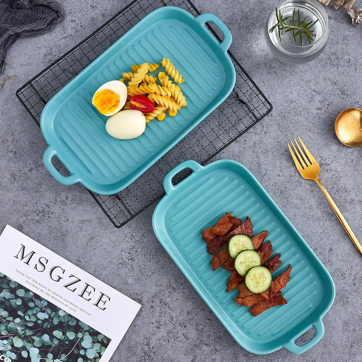 Christmas Dinner Plates 10" X 6" Set of 4 Serving Platters Porcelain Serving Plates Matte Glaze Baking Dish Dinner Plates, Oven Safe Serving Dishes for Christmas, Rectangular, Light Blue