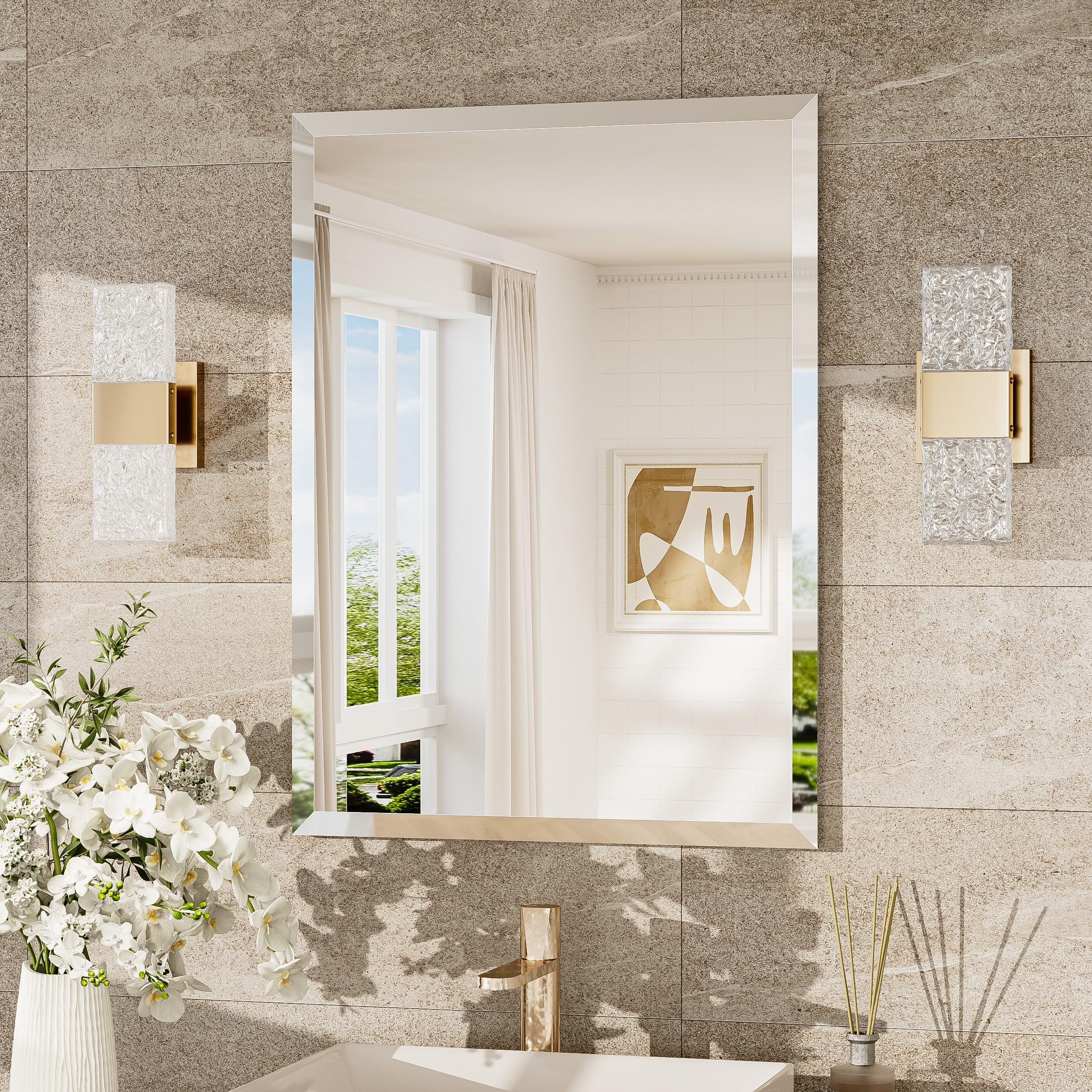 tokeshimi 22x30 bathroom vanity mirror beveled rectangle, frameless mirror bathroom with 1" beveled edge, shatterproof modern decorative wall mirrored for living room, entryway, bedroom