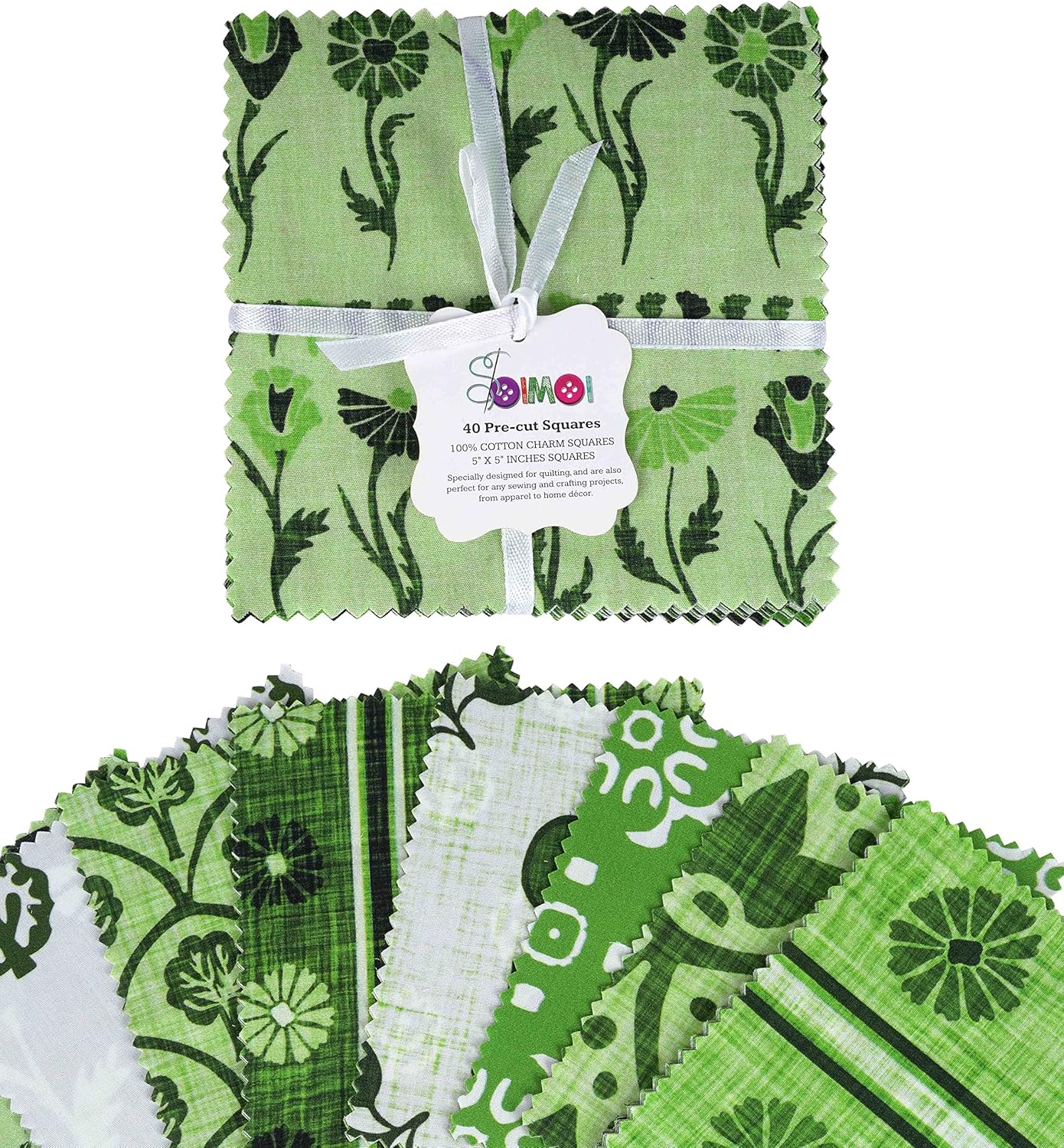 Soimoi Precut 10-inch Block Prints Cotton Fabric Bundle Quilting Squares Charm Pack DIY Patchwork Sewing Craft- Light Green