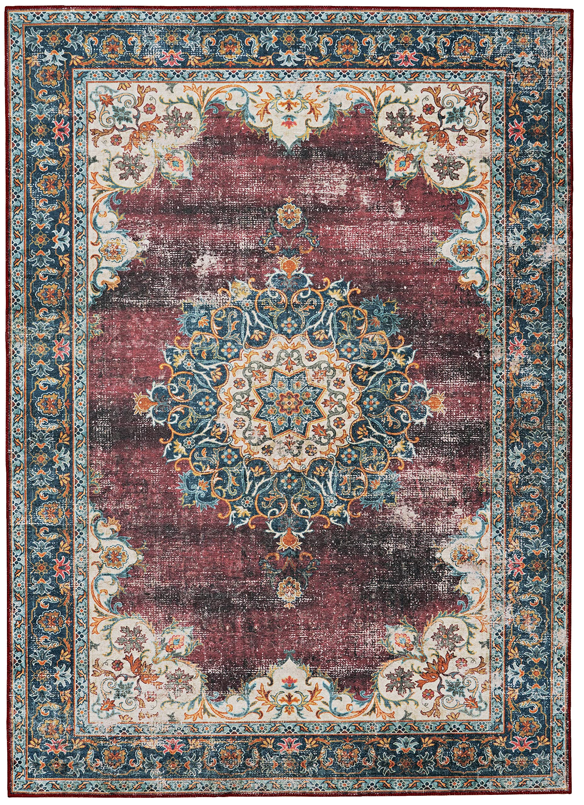 Linon Home Decor Products The Anywhere Washable Rug Carver Ivory Burgundy 5 X 7 Area Rug
