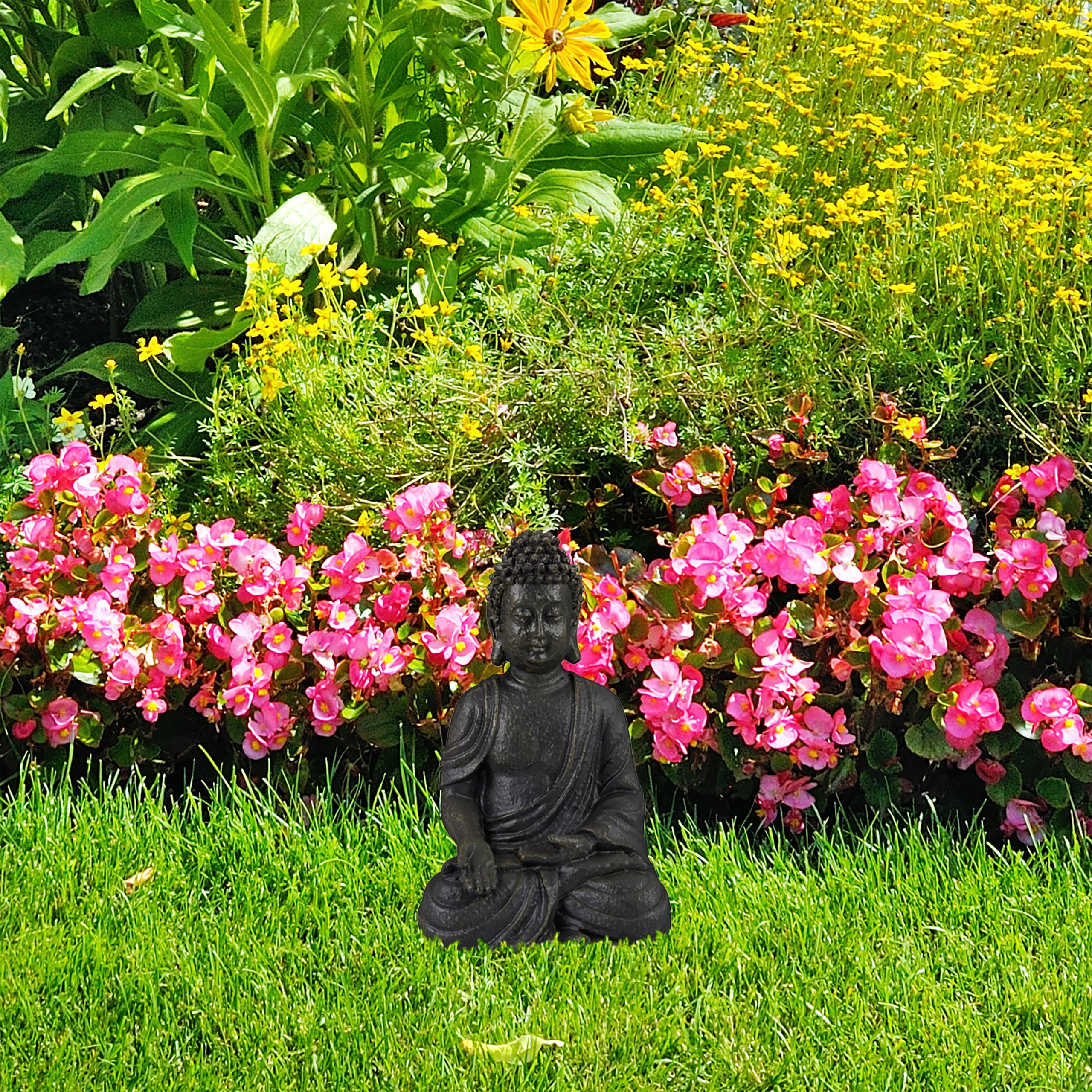 Relaxdays Statua del Buddha Seduto, 30cm da Giardino e Soggiorno, in Poliresina, Impermeabile Anti-Gelo Grigio Scuro
