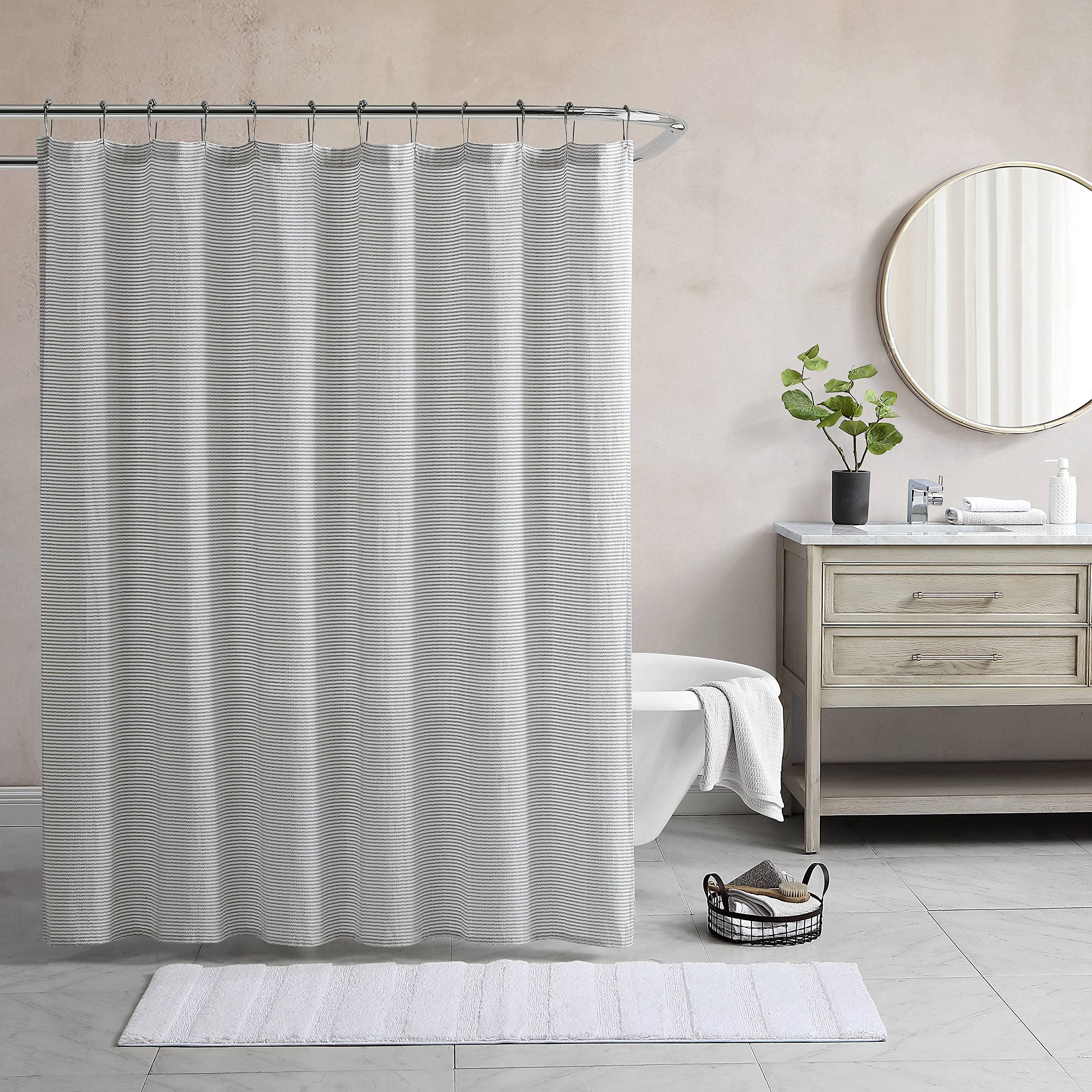 ED Ellen DeGeneres | Shower Curtain Stylish Classic Design with Buttonhole Top, Machine Washable Easy Care, 72 x 70, Oxford Stripe