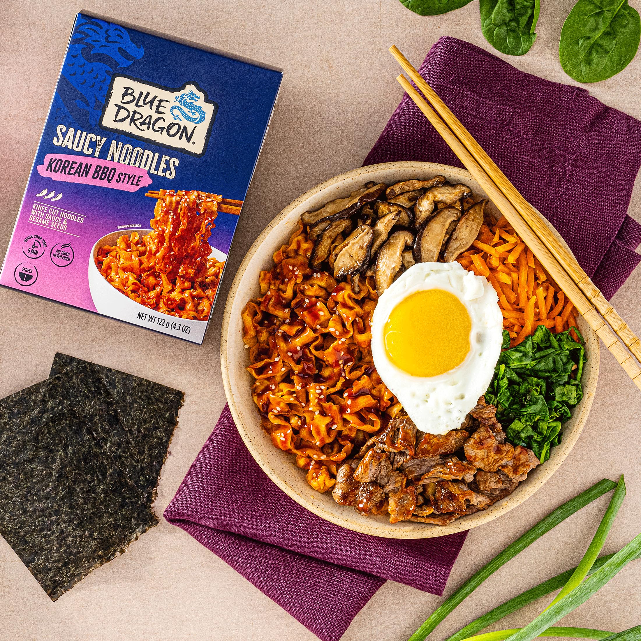 Blue Dragon Korean BBQ Saucy Noodles - 4.2oz (Pack of 3) - Knife Cut Thick Noodles w/Korean BBQ Sauce & Sesame Seed Garnish - Quick & Easy Meal with Bold Asian Flavors - Vegetarian Friendly