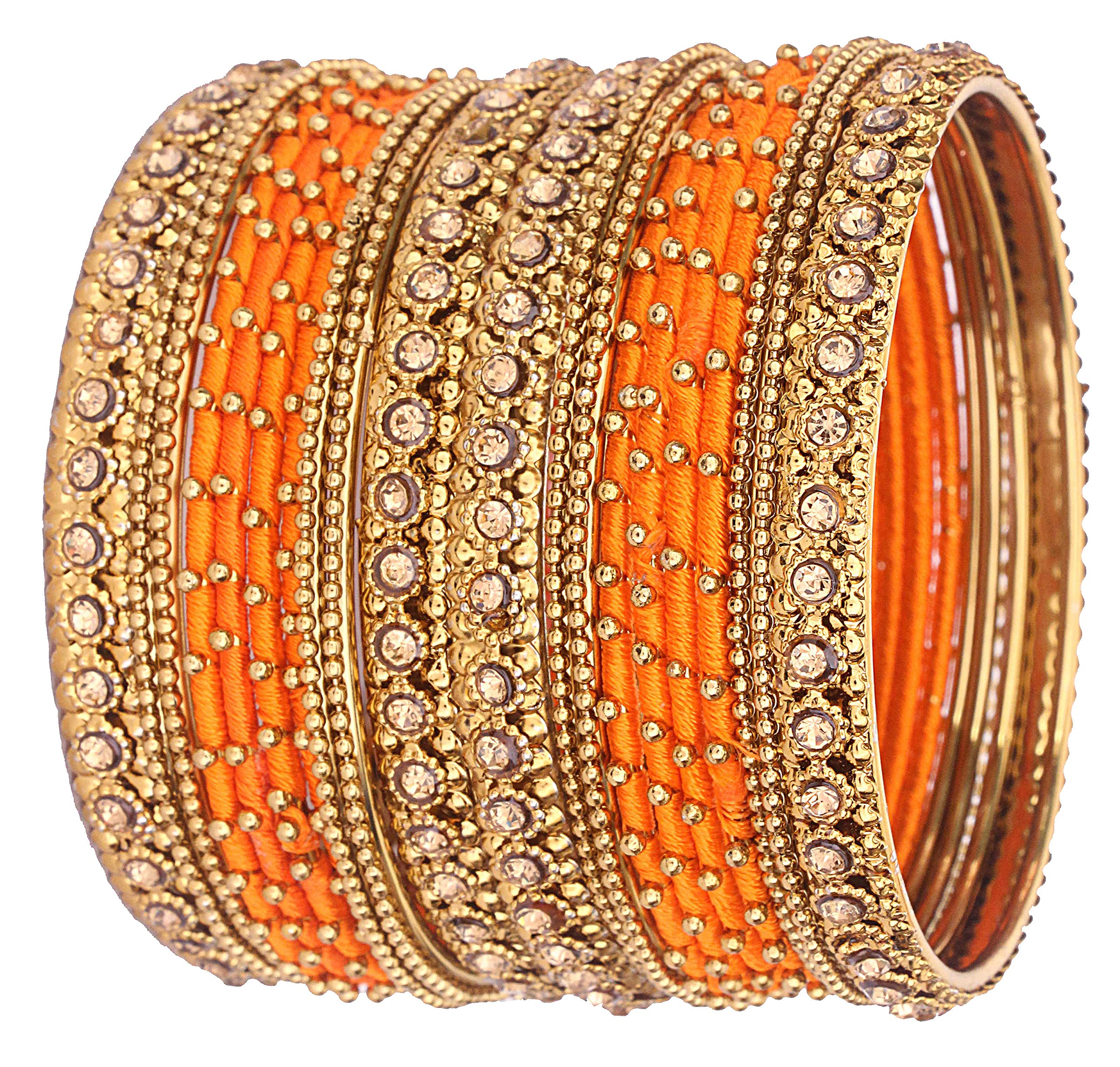 NMIIMetal with Golden Zircon Gemstone & Silk Thread Studded worked Ball Chain Linked Stylish Bangle Set For Women and Girls