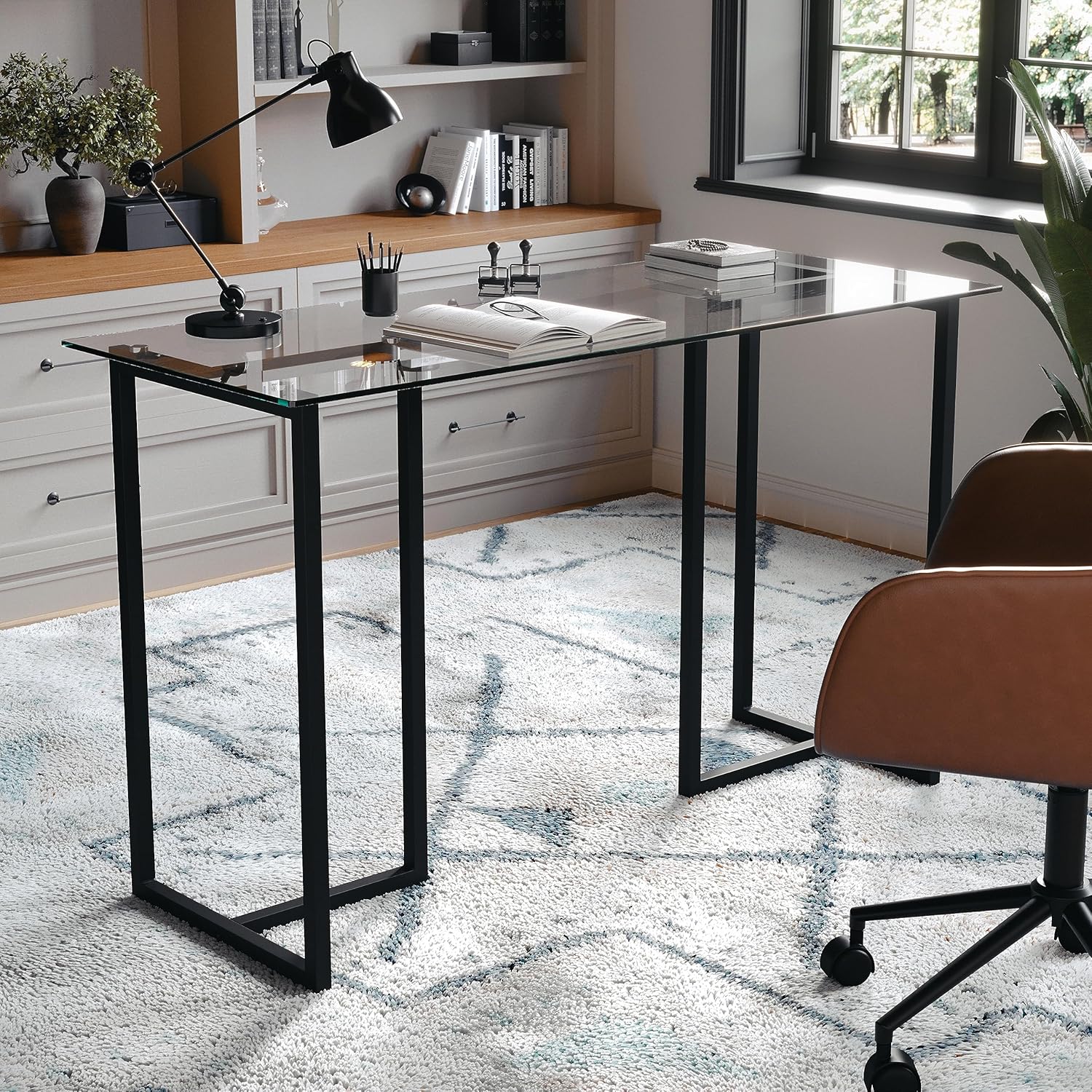 Martha Stewart Eli Home Office Desk with Glass Top and Steel Frame, Oil Rubbed Bronze