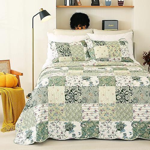 Miniatura 2 de Cmfshape Colcha acolchada floral de verano, juego de edredón romántico verde, juego de ropa de cama reversible con costuras para todas las