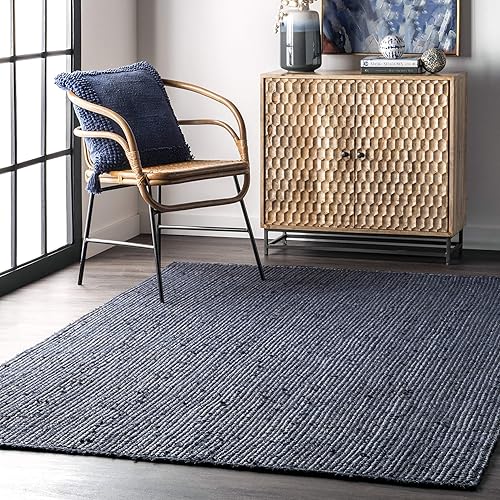 nuLOOM Rigo Hand Woven Farmhouse Jute Area Rug, 6' Square, Navy