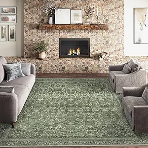 9x12 Washable Area Rug Dark Green Vintage Distressed Living Room Bedroom Large Throw Rug Non Slip Low Pile Soft Accent Indoor Floor Carpet for Dining Room Office Entryway Kitchen