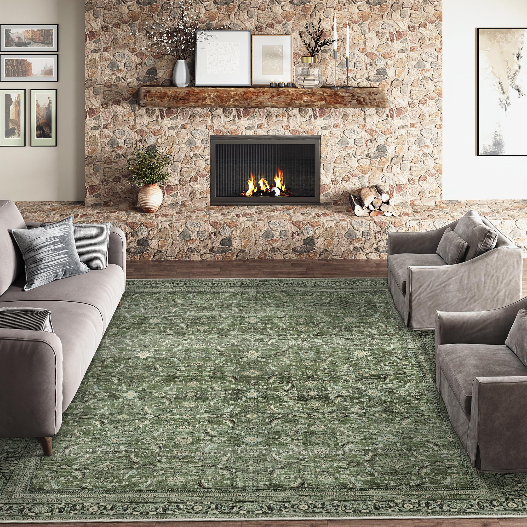 HUGEAR Vintage Rugs Living Room Green Large Area Rug 300x400cm Non Slip Washable Hall Lounge Bedroom Kitchen Office Dining Room Indoor Carpet Low Pile Big Carpets — image 1