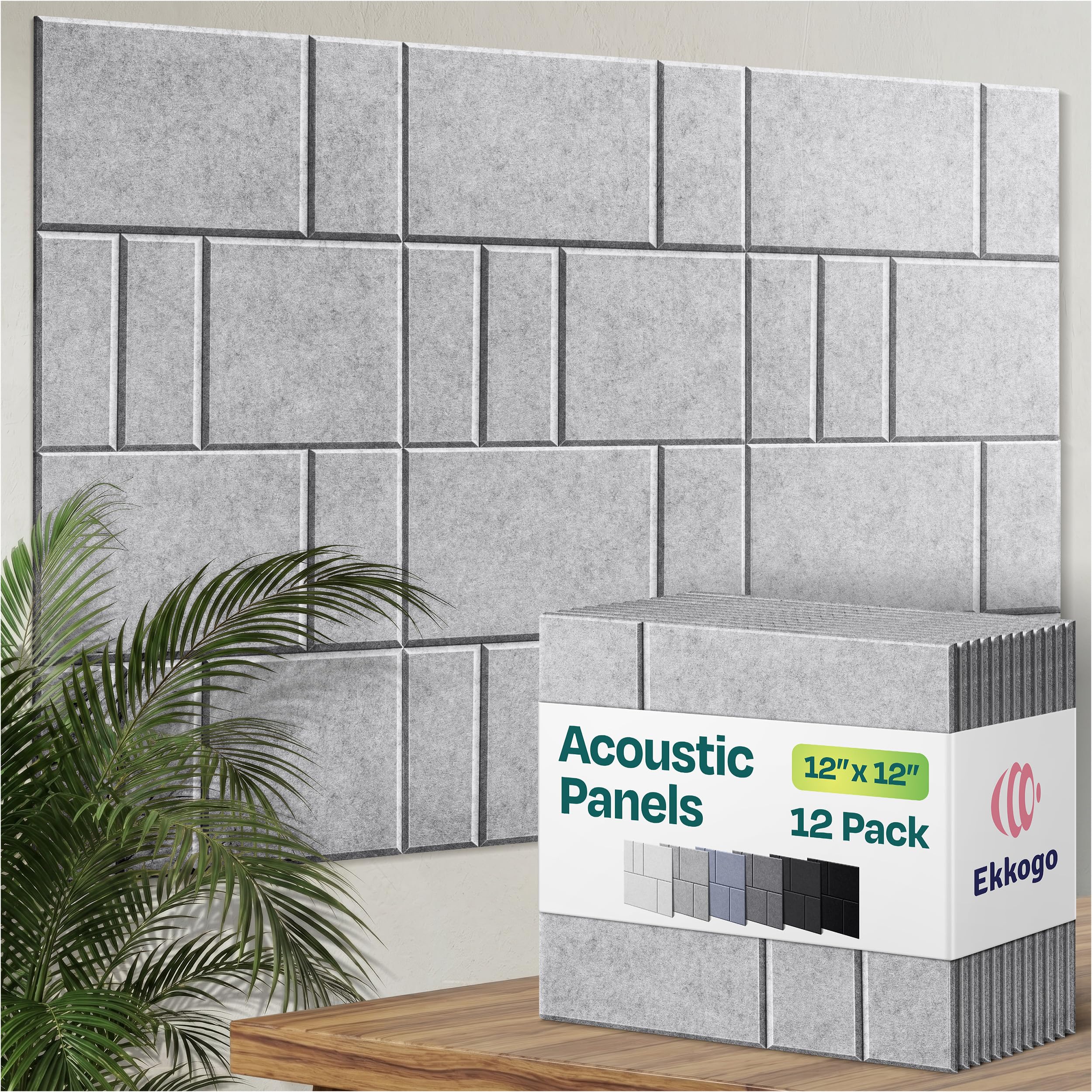 Acoustic Panels 12-Pack Soundproof Wall Panels 12"x12"x0.4" Decorative Sound Dampening for Your Home, Office, Studio, Bedroom &amp; More with Unique GridFrame Carving [Light Gray]