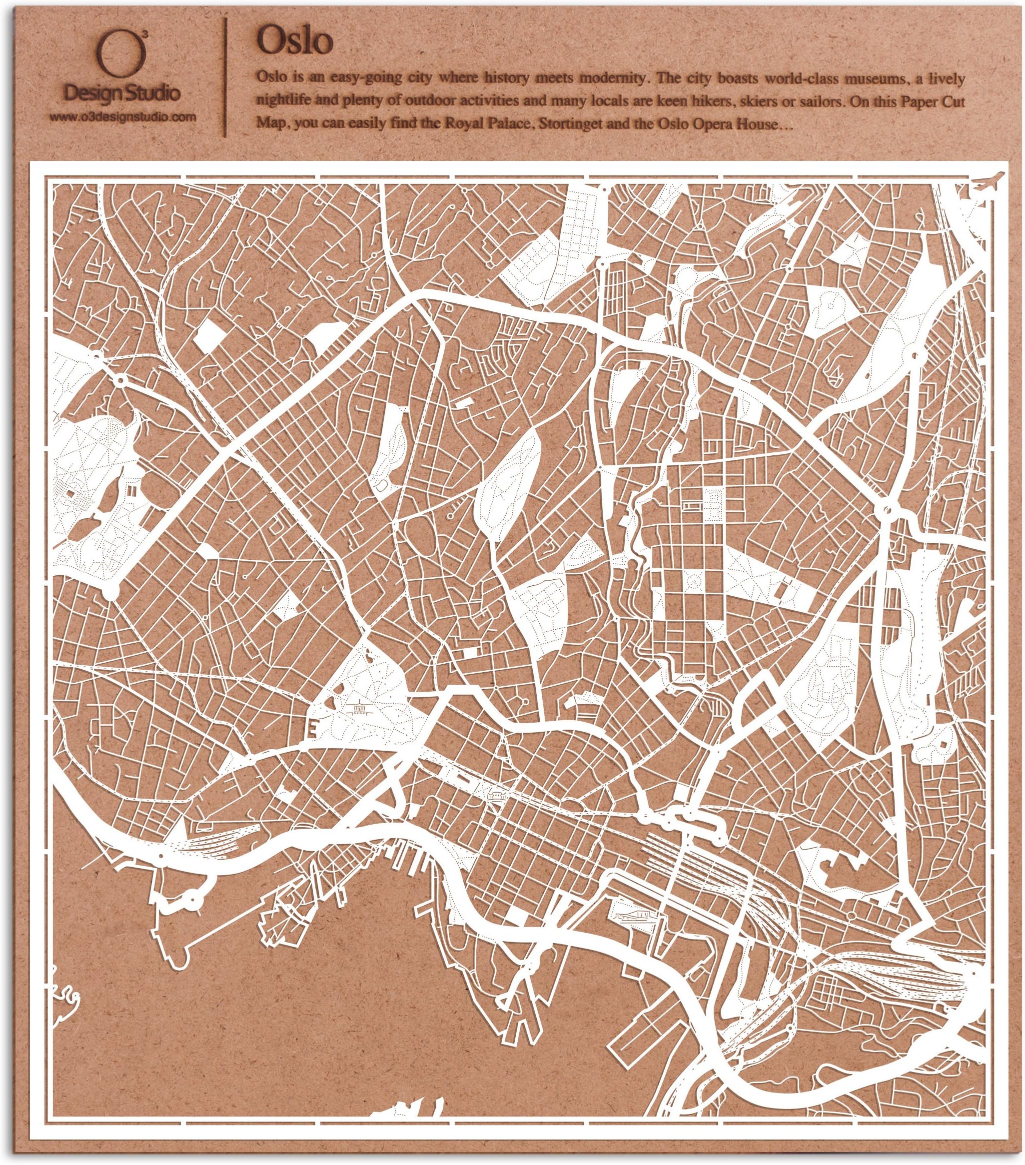 Oslo Paper Cut Map by O3 Design Studio White 12x12 inches Paper Art