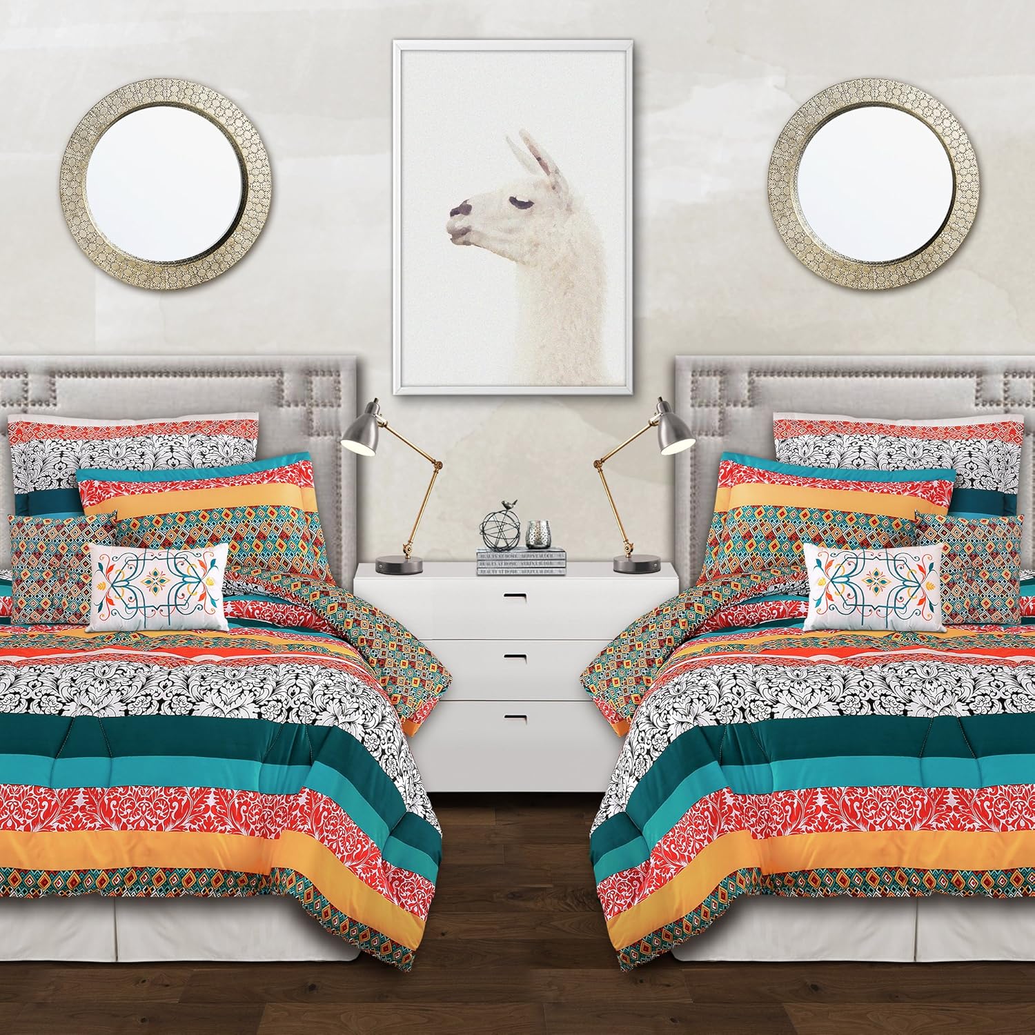 Lush Decor Boho Striped Colorful Pattern Bohemian Style Reversible 5 Piece Comforter Bedding Set-Turquoise/Tangerine, Twin XL, Turquoise & Tangerine Turquoise & Tangerine Twin XL