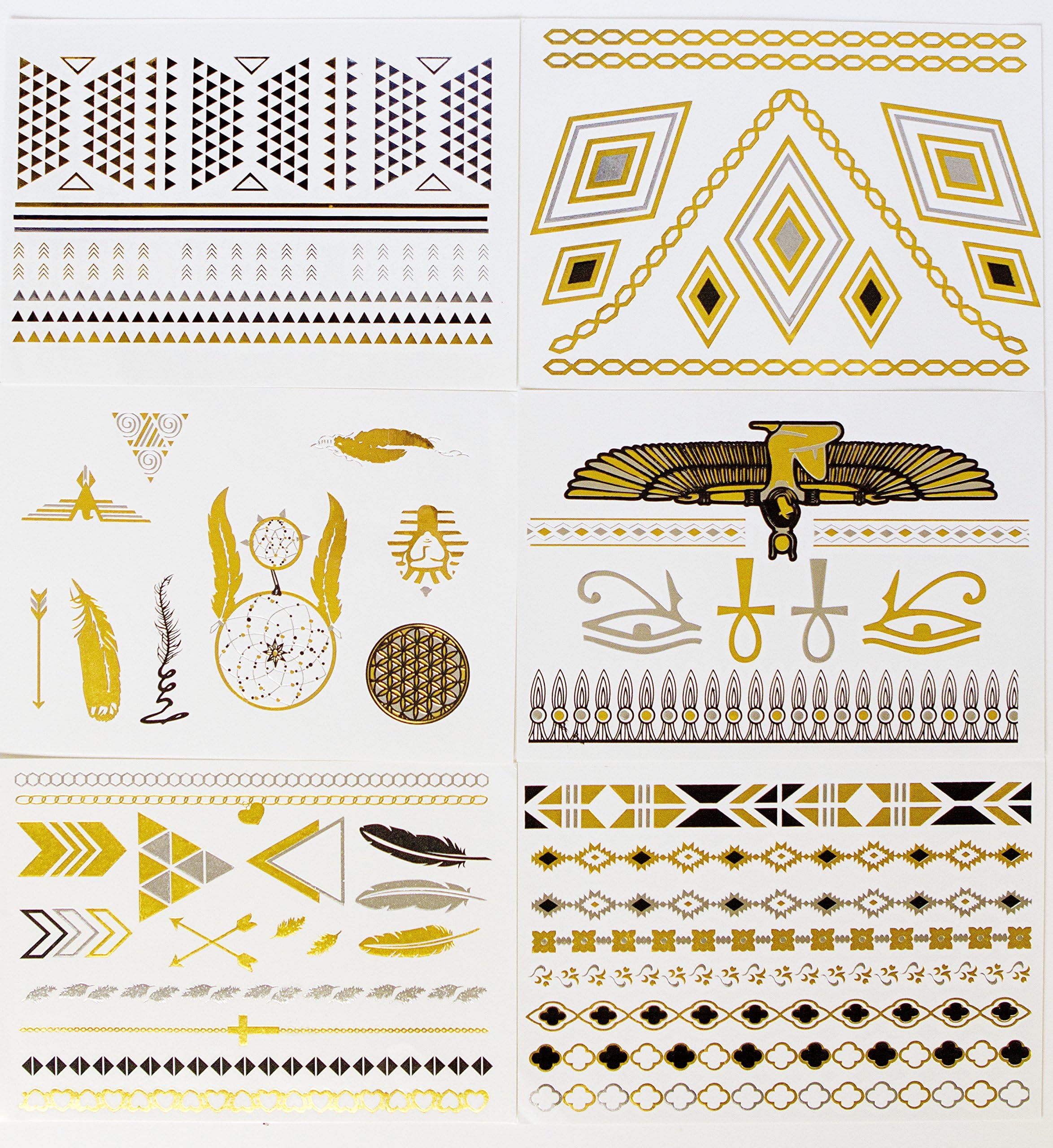 Gold Silver Black Metallic Temporary Tattoo - Egyptian Designs - 6 Sheets - Cleopatra - Necklace - Feather - Dreamcatcher