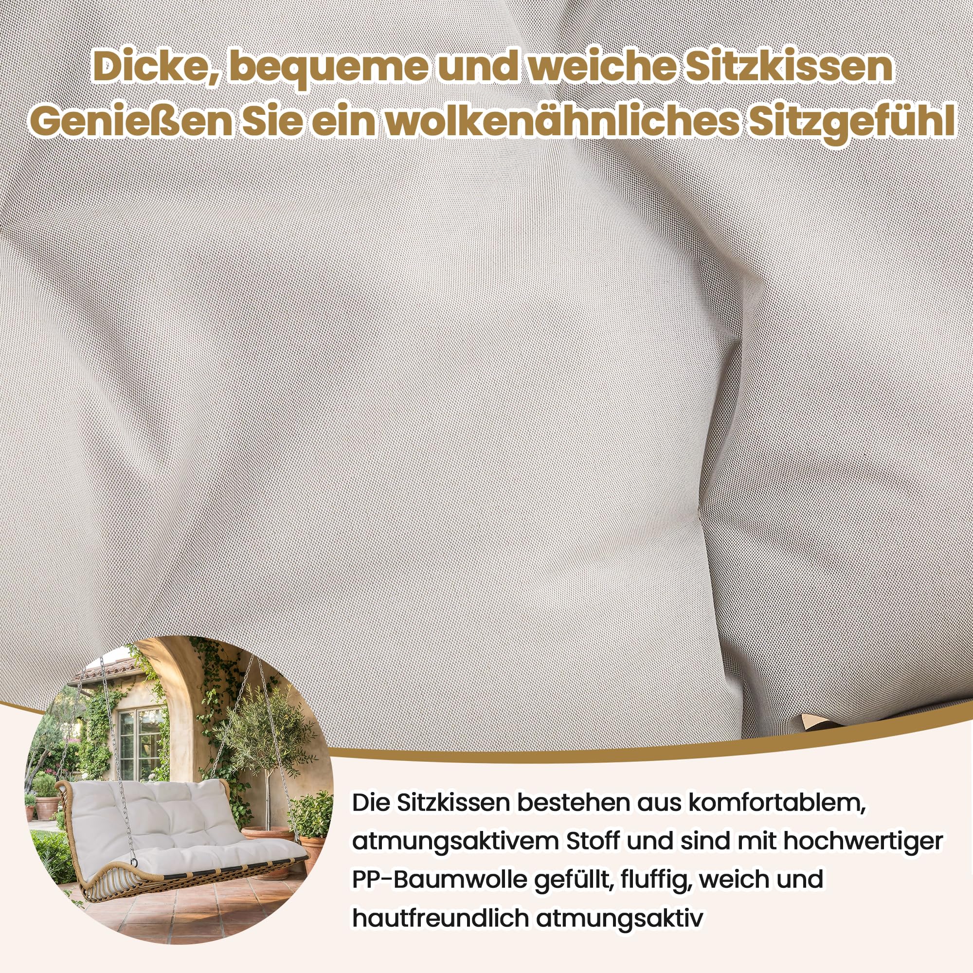 PE-Rattan-Schaukel-Doppelsitz, Hängeschaukel für den Garten im Freien, mit Kissen und 2 Ketten, ohne Rahmen, Kissen sind abnehmbar und waschbar