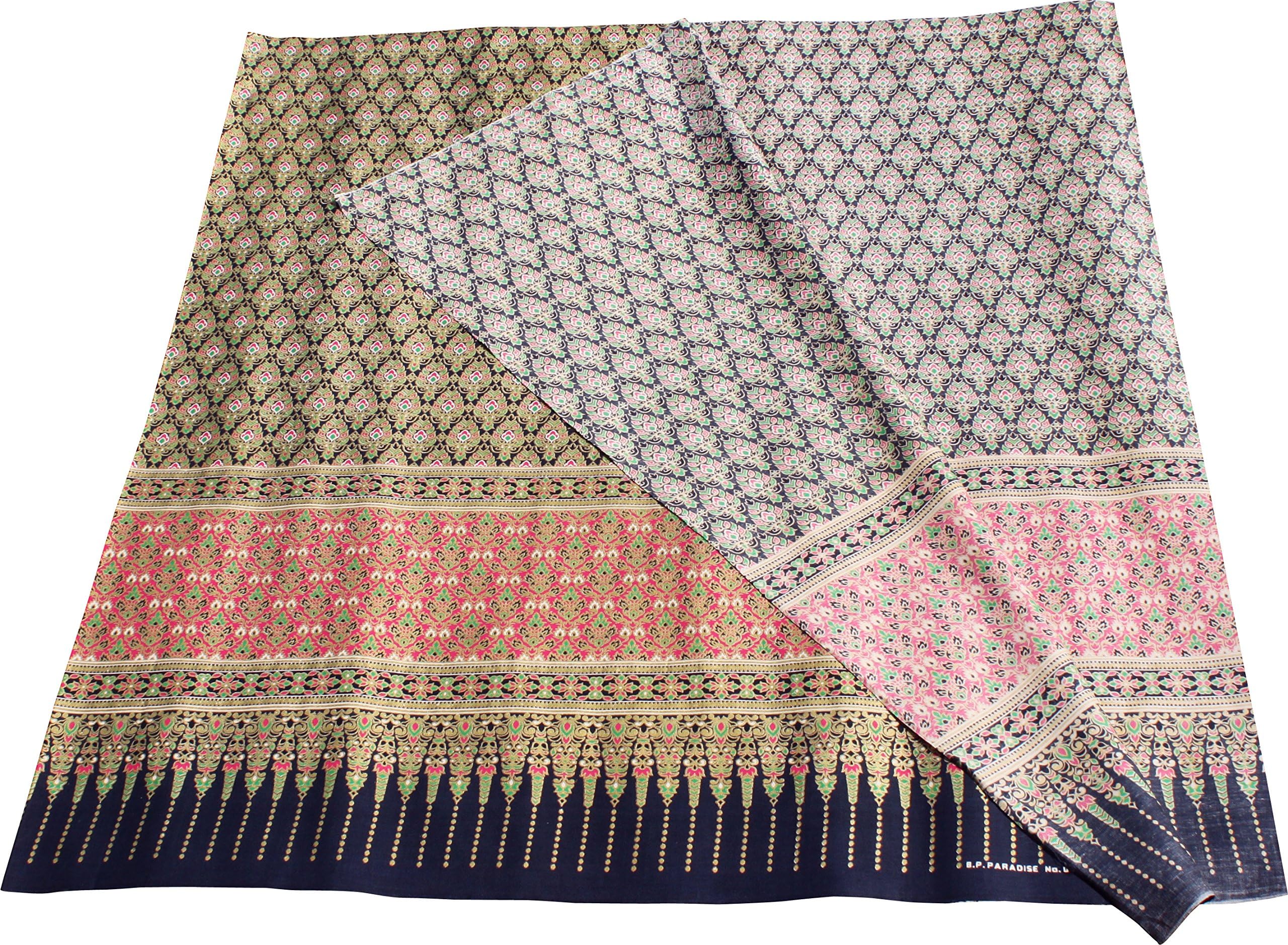 Full Funk Sukhothai Batik Fabric in Traditional Thai Floral Print 70x40 inch, Gold Black