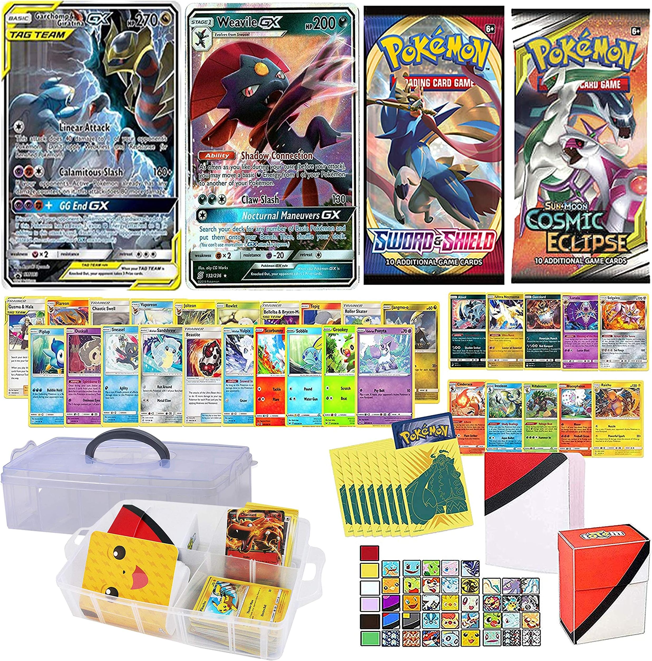 Totem World Tag Team GX & GX Ultra Rare Guaranteed with 2 Booster Packs, 5 Foil Holo, 5 Rares, 20 Regular Cards, Deck Box, 65ct Elite Trainer Sleeves, Collectors Binder Album & Storage Case