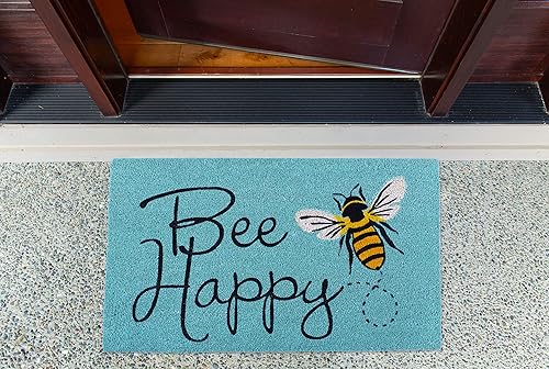 Miniatura 2 de DII Felpudo de fibra de coco natural, divertido tapete de felicitación, abeja feliz, 18 x 30 pulgadas