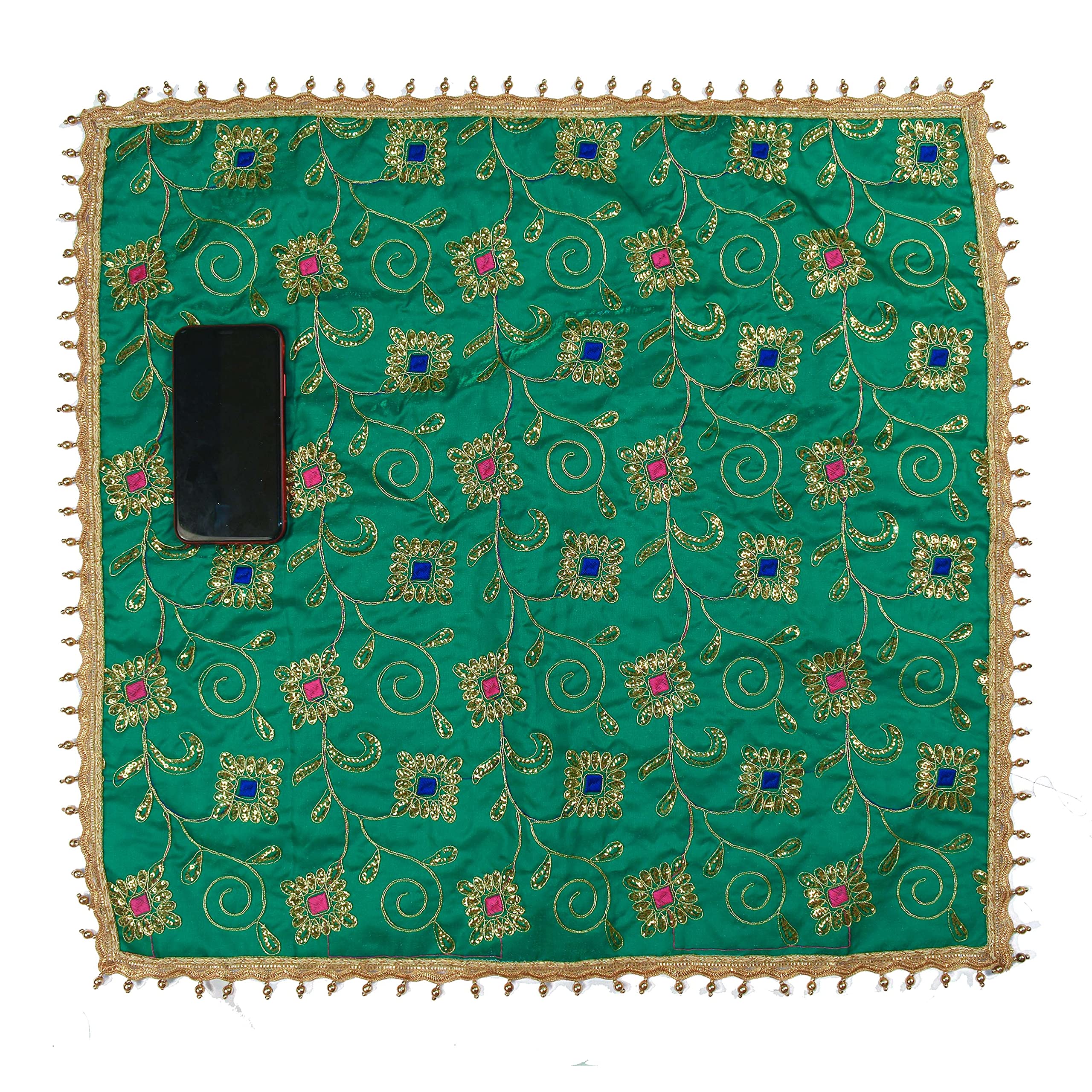 DLC 24 x 24 inch Large Multipurpose Altar Cloth, Green Puja Cloth for Decoration, Golden moti Drop Silk mat for Home Temple, Kite Pooja aasan with Heavy Work