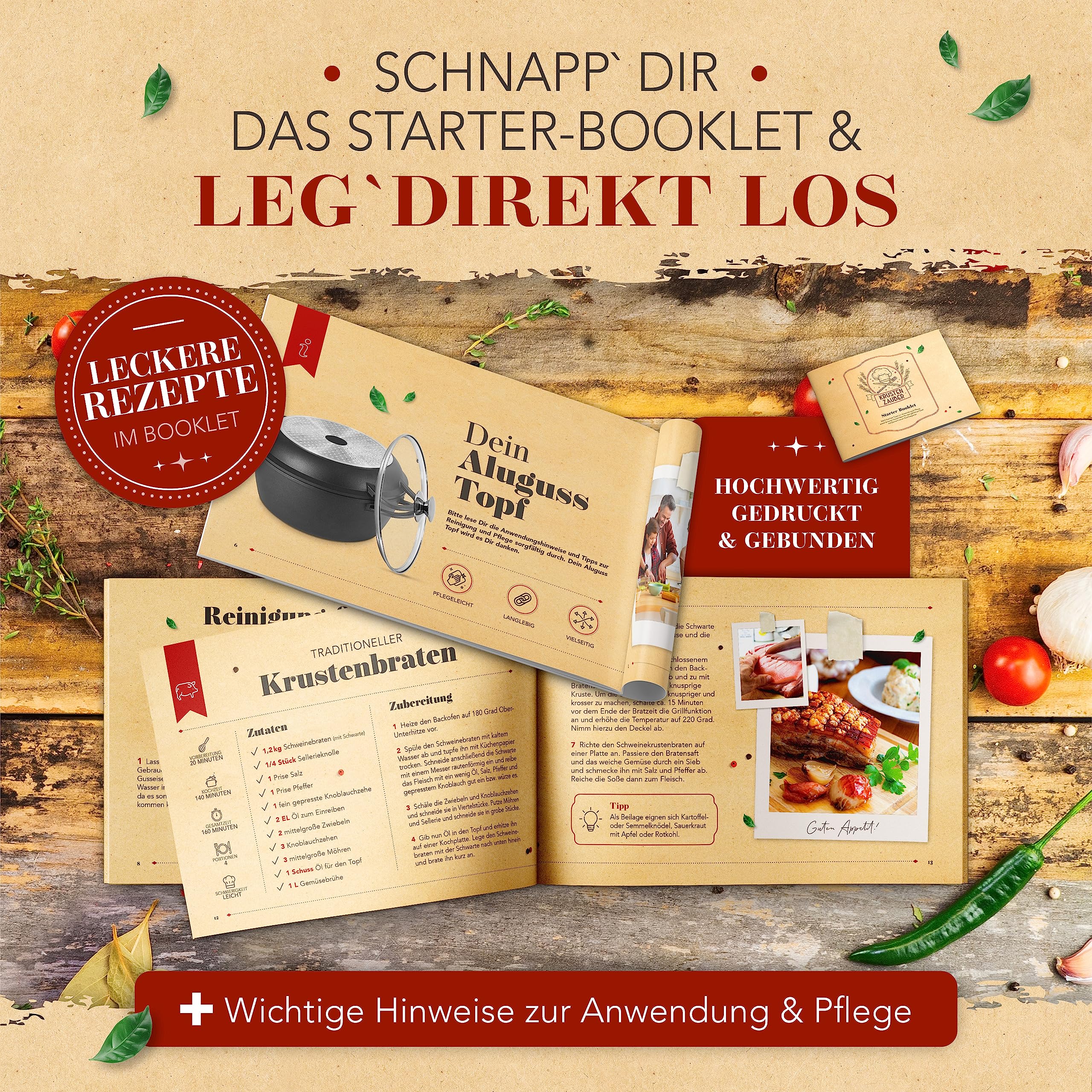 KRUSTENZAUBER 28cm Aluguss Bräter mit Deckel backofengeeignet [inkl. Glasdeckel] - 6L Aluminium Schmortopf & Bratpfanne - Idealer Bräter Induktion, Schmorpfanne, Bratentopf, Gussbräter, Kasserolle
