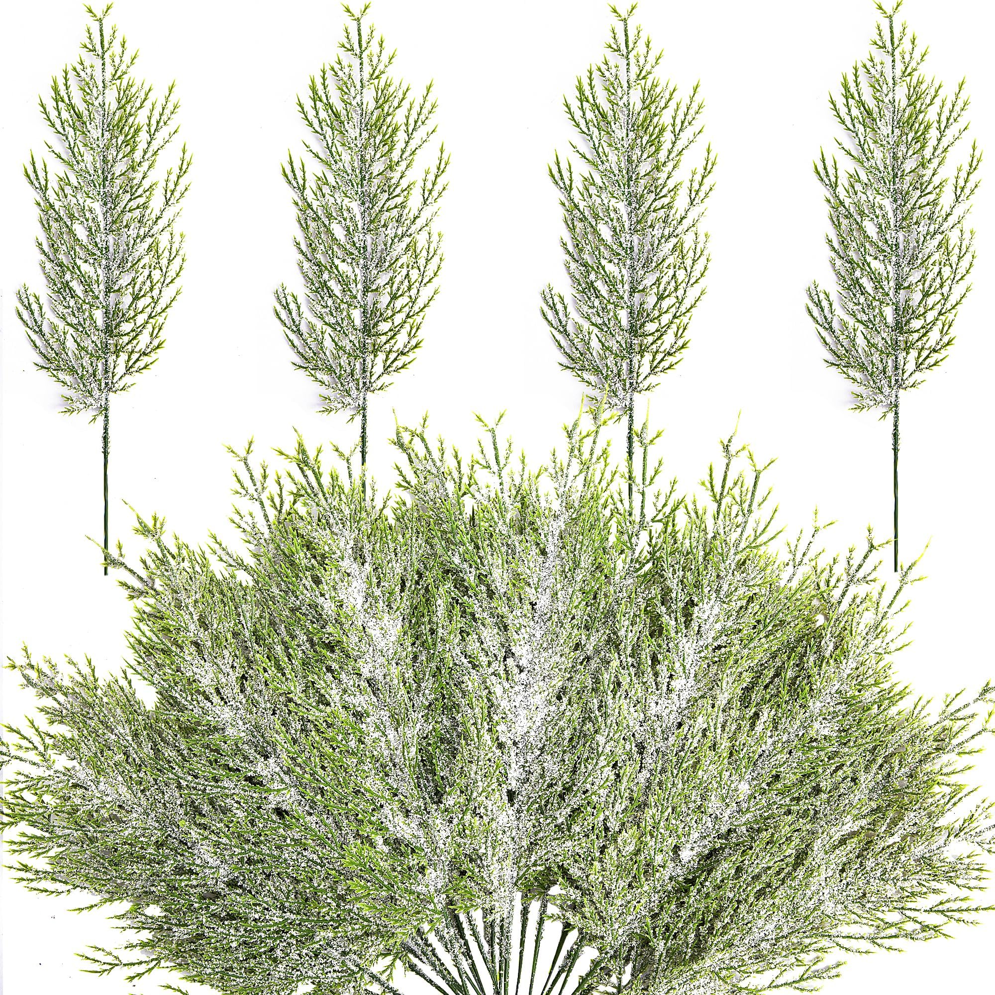 Alpurple 50 Pcs Christmas Snow Frosted Pine Branches- 13.5" Snowy Artificial Pine Needles Branches Twigs- Greenery Ceder Sprigs Pine Picks Stems for Christmas Wreath Home Garden Decoration