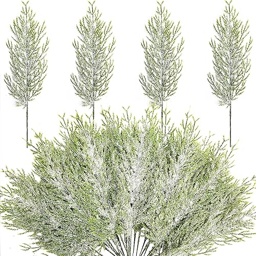Alpurple 50 ramas de pino esmerilado de nieve de Navidad, ramas de pino artificial nevadas de 13.5 pulgadas, ramitas de cedro verde, tallos de pino