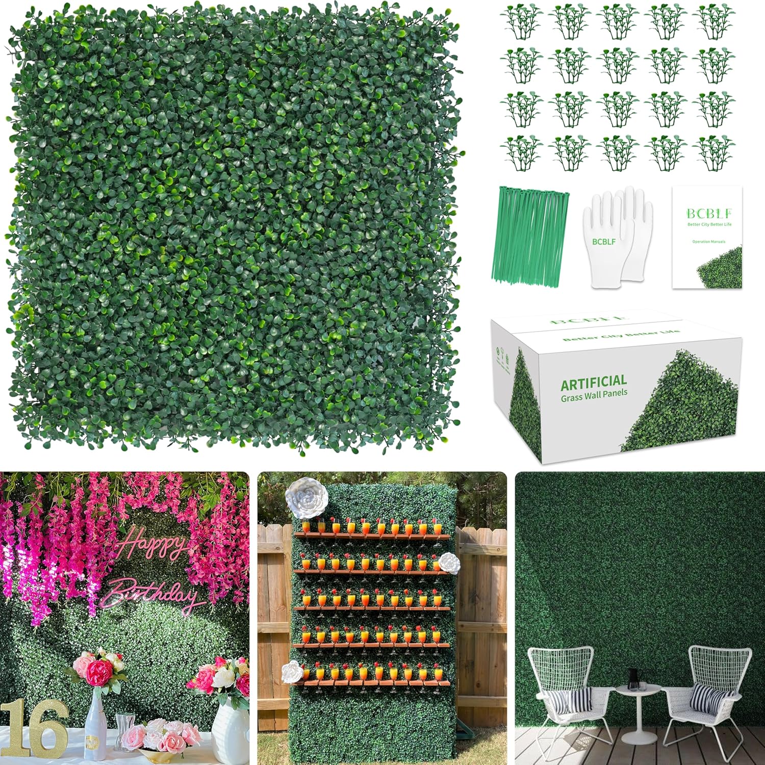 20"x20" 20Pcs Artificial Boxwood Hedge Panels UV Resistant Faux Greenery Wall Green Grass Wall Panels for Indoor Outdoor Decor Fence Garden Patio
