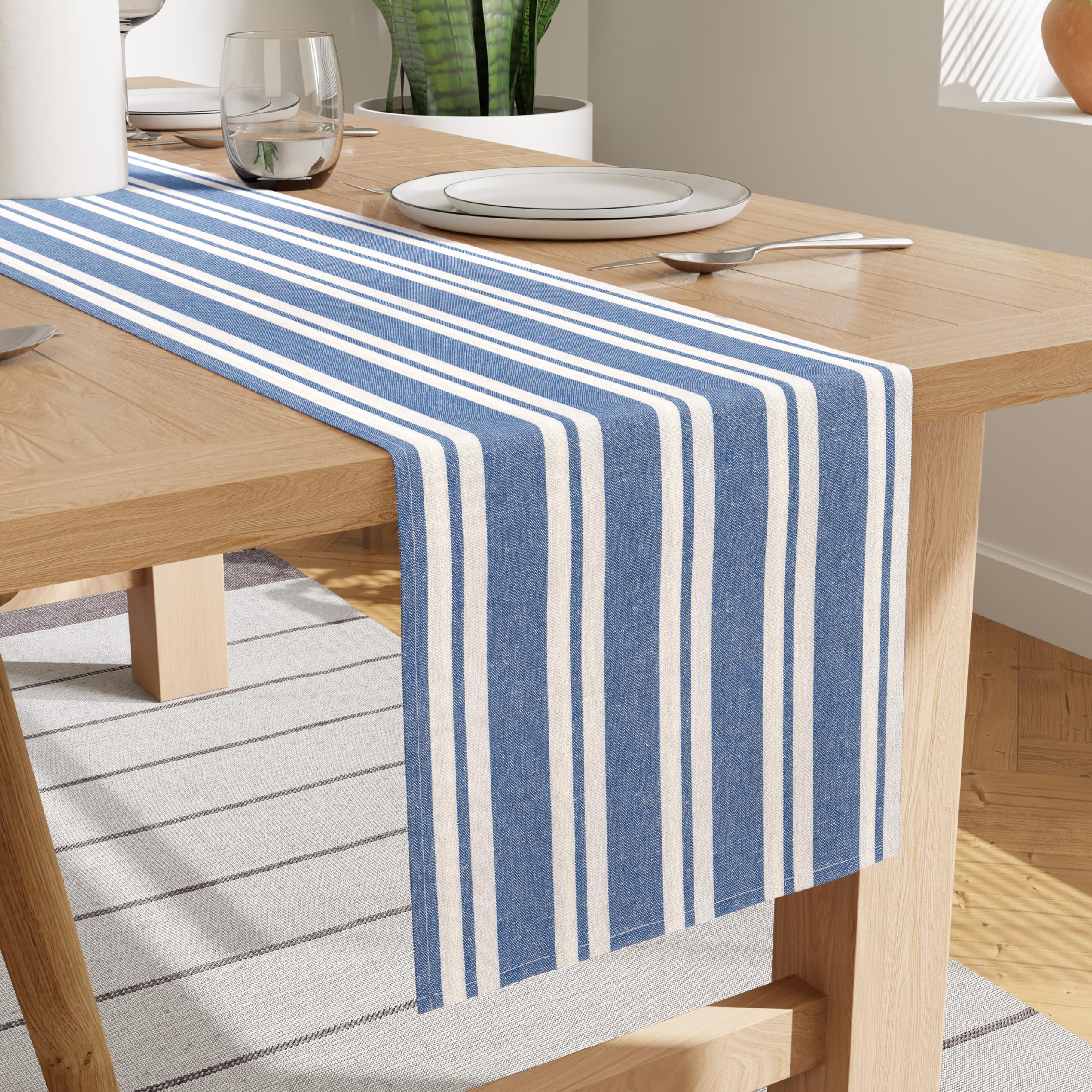 Encasa XO Corredor de Mesa de Algodón | Tamaño 32x150 cm | Franca Blue Stripes - Lavable a Máquina y Duradero