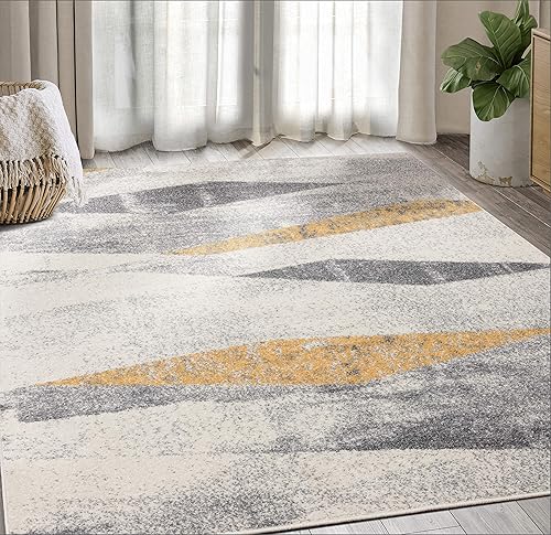 Abani Laguna Collection - Alfombra turca envejecida geométrica, color gris y amarillo, estilo moderno, 6 x 9 pies, alfombra decorativa disponible en Yaxa Peru