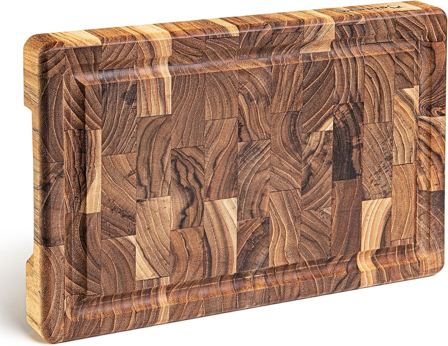 Erreke Deska z Drewna Tekowego End Grain, 30x20,5x3,2 cm, Kompaktowa | z Rowkiem na Soki. Dwustronna i z Uchwytami. Drewniana Deska Kuchnia. Do Sera Wędlin Mięsa Chleba. Deska do Serwowania