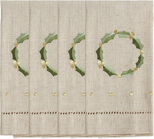Vista 28 de Saro Lifestyle Holly Leaf Garland - Toalla de invitados de lino con dobladillo bordado de Navidad (juego de 4), color blanco, 14 x 22 pulgadas