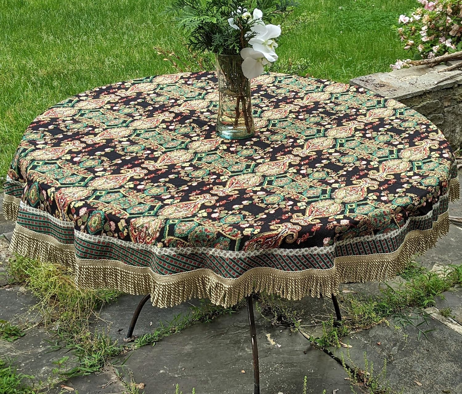 Tache Elegant Ornate Black Green Paisley Tablecloth with Tassels, 35" Round