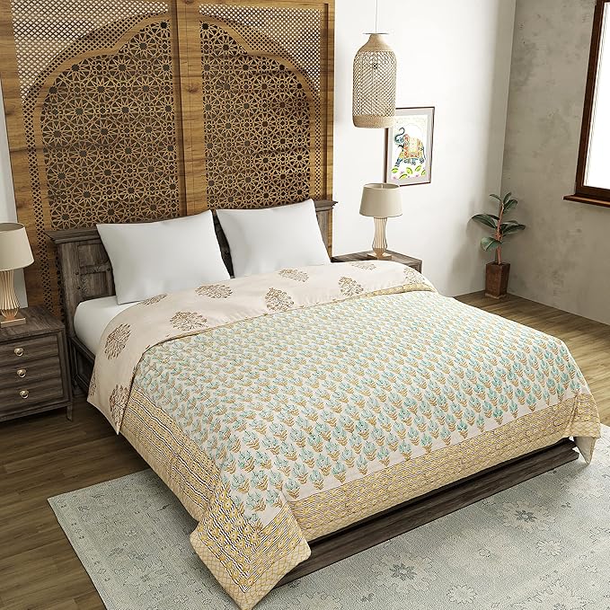 BLOCKS OF INDIA Hand Block Printed Cotton King Size Quilt/Rajai (90 Inch X 108 Inch, Brown Buta), Skin Friendly