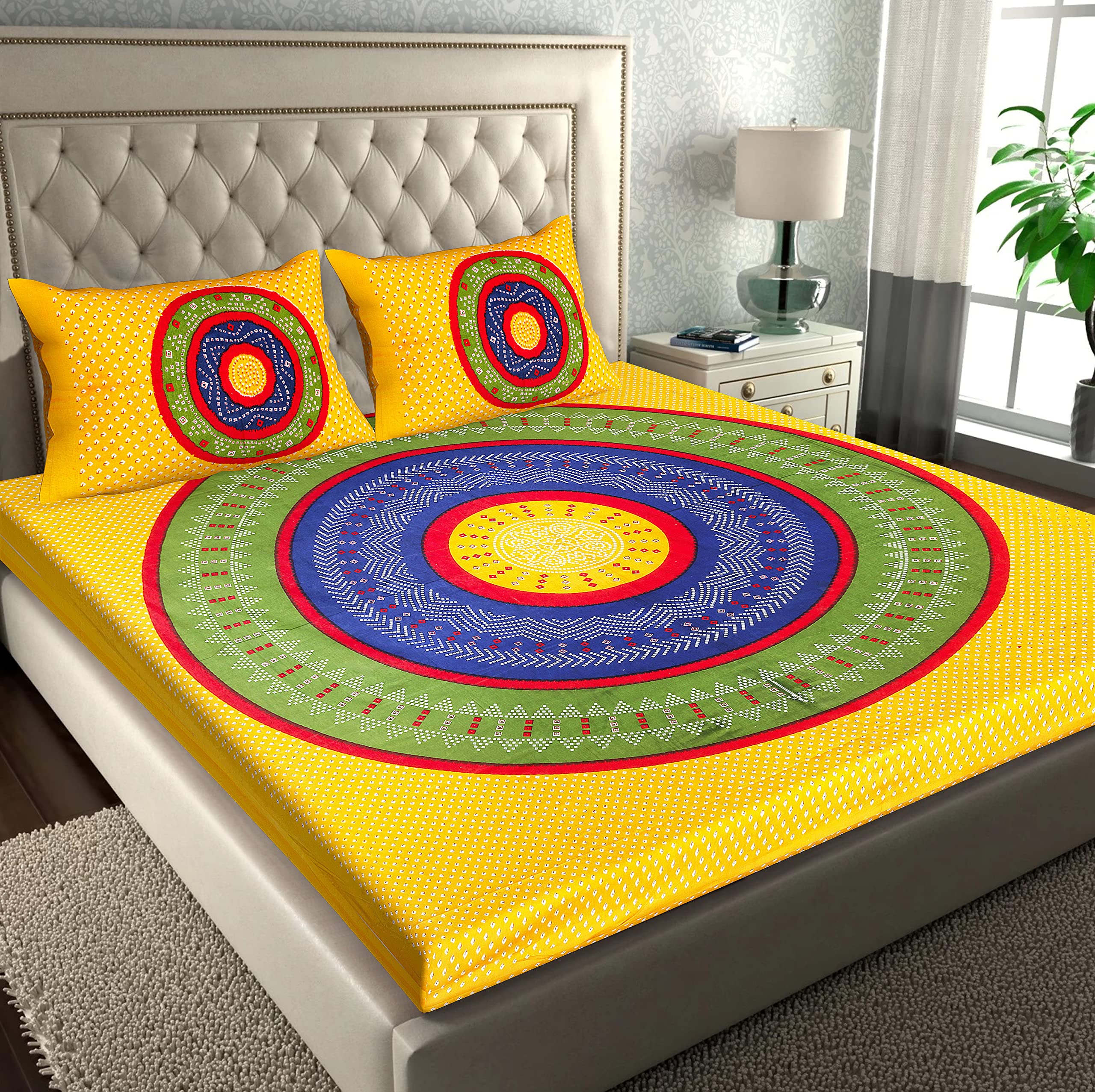 RajasthaniKart® Pure 100% Cotton Double Bed Sheet with 2 Pillow Covers (Bedsheet for Double Bed Cotton, Yellow, Bhandej)