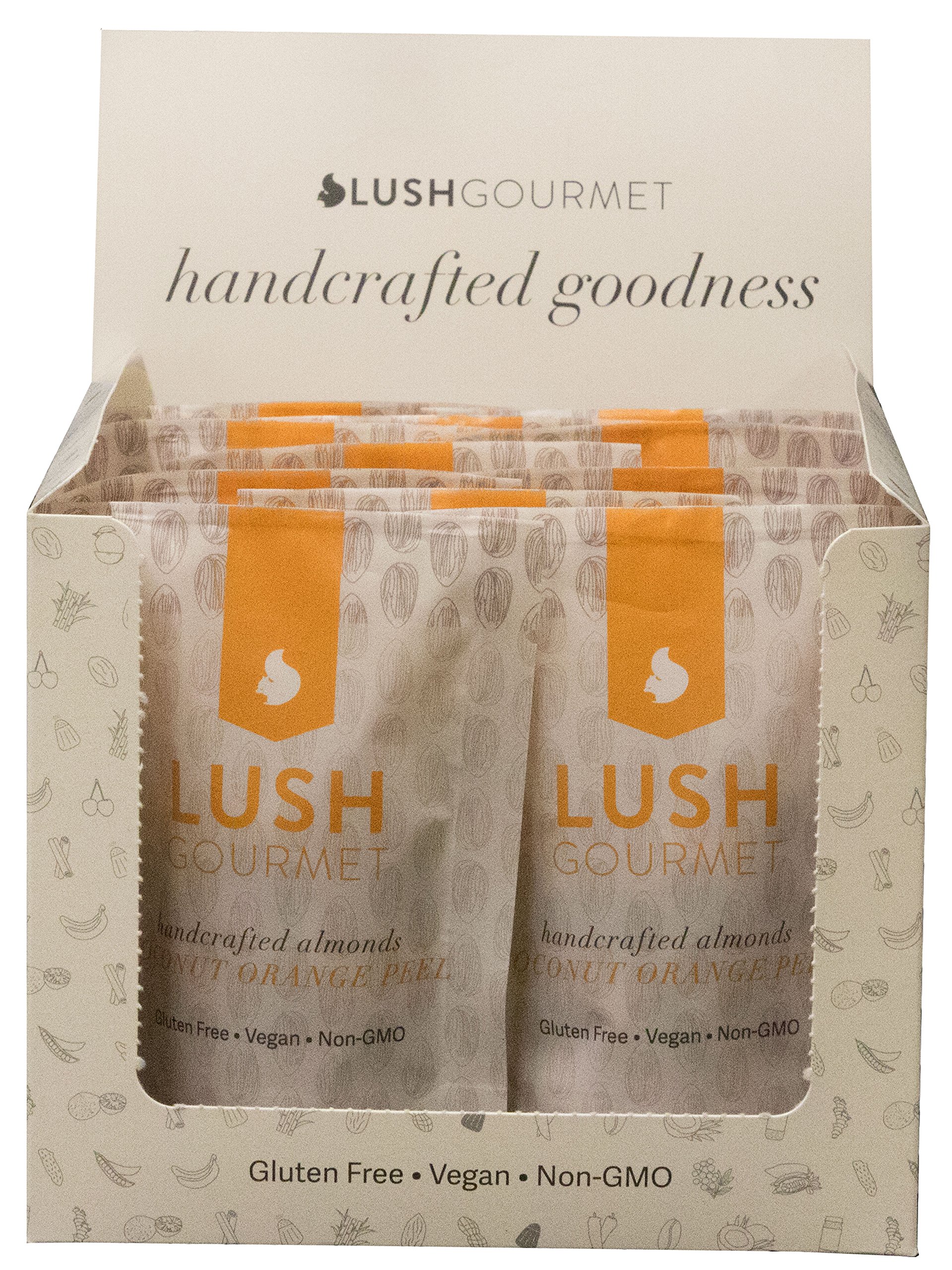 Lush Gourmet Coconut Orange Peel Almonds - Single Serve Pack - Salted Almonds with Toasted Coconut Flakes, Orange Peel, Cane Sugar - Healthy Snacks Free of Cholesterol & Gluten - Vegan Almond Treats