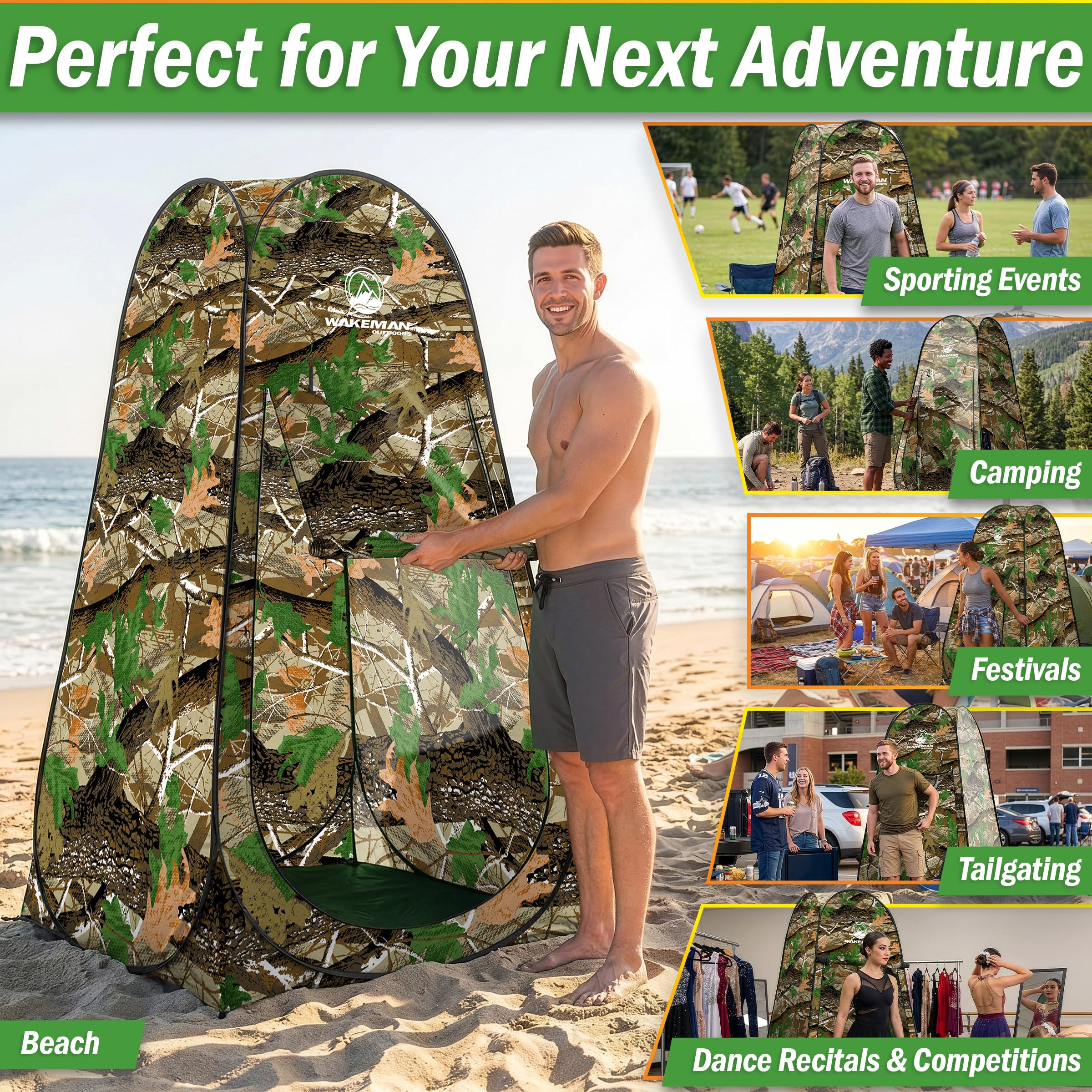 Wakeman Outdoors Pop-Up-Pod – Sichtschutz-Duschzelt, Ankleidezimmer oder tragbare Toilettenkabine mit Tragetasche für Camping, Strand oder Heckklappe (Camo)
