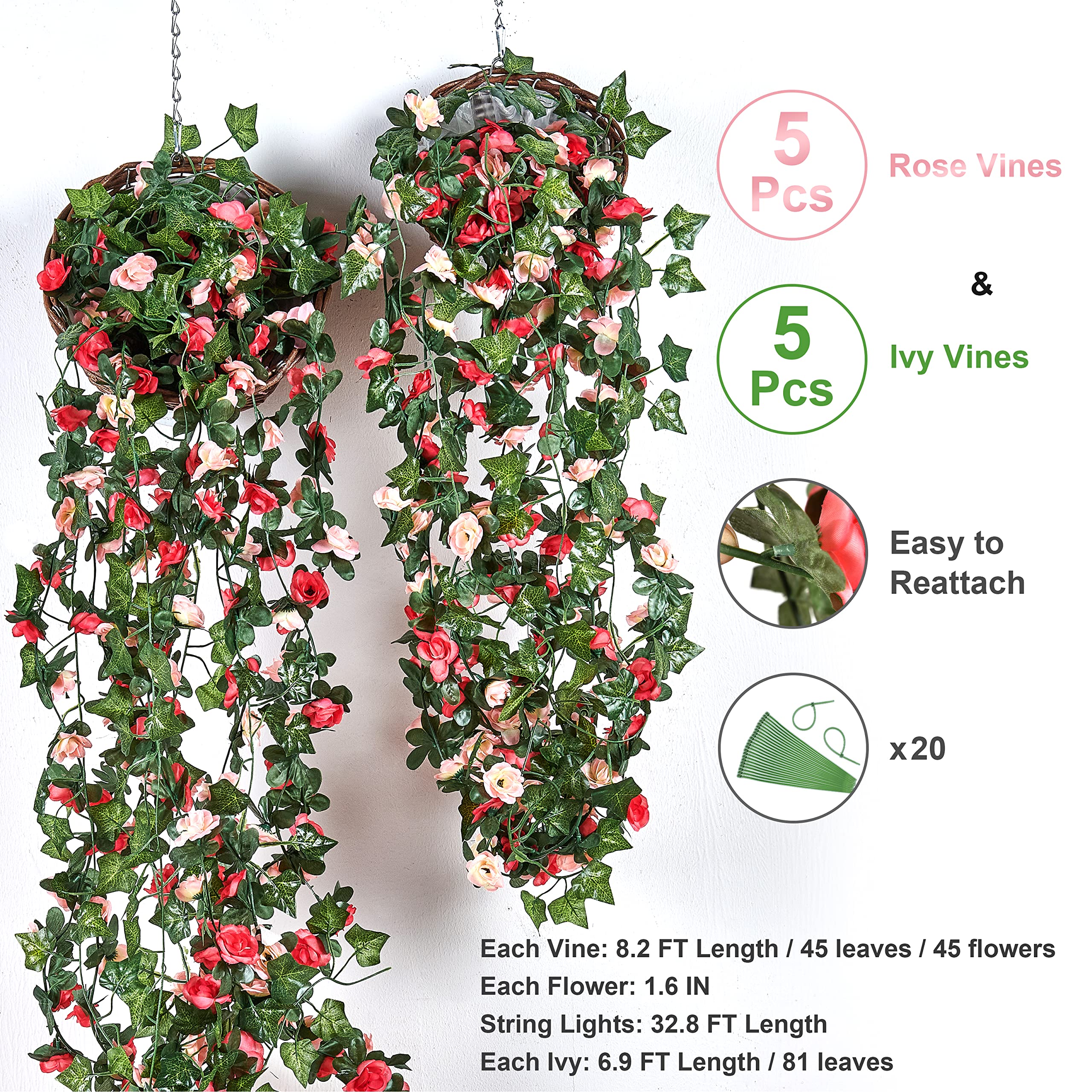 BLEUM CADE 5 Stück 14 m Blumengirlande künstliche Rosenranken mit 5 Stück 10 m künstlichen Efeuranken, hängende künstliche Blumenranken für Hochzeit, Party, Valentinstag, Weihnachten, Wanddekoration,