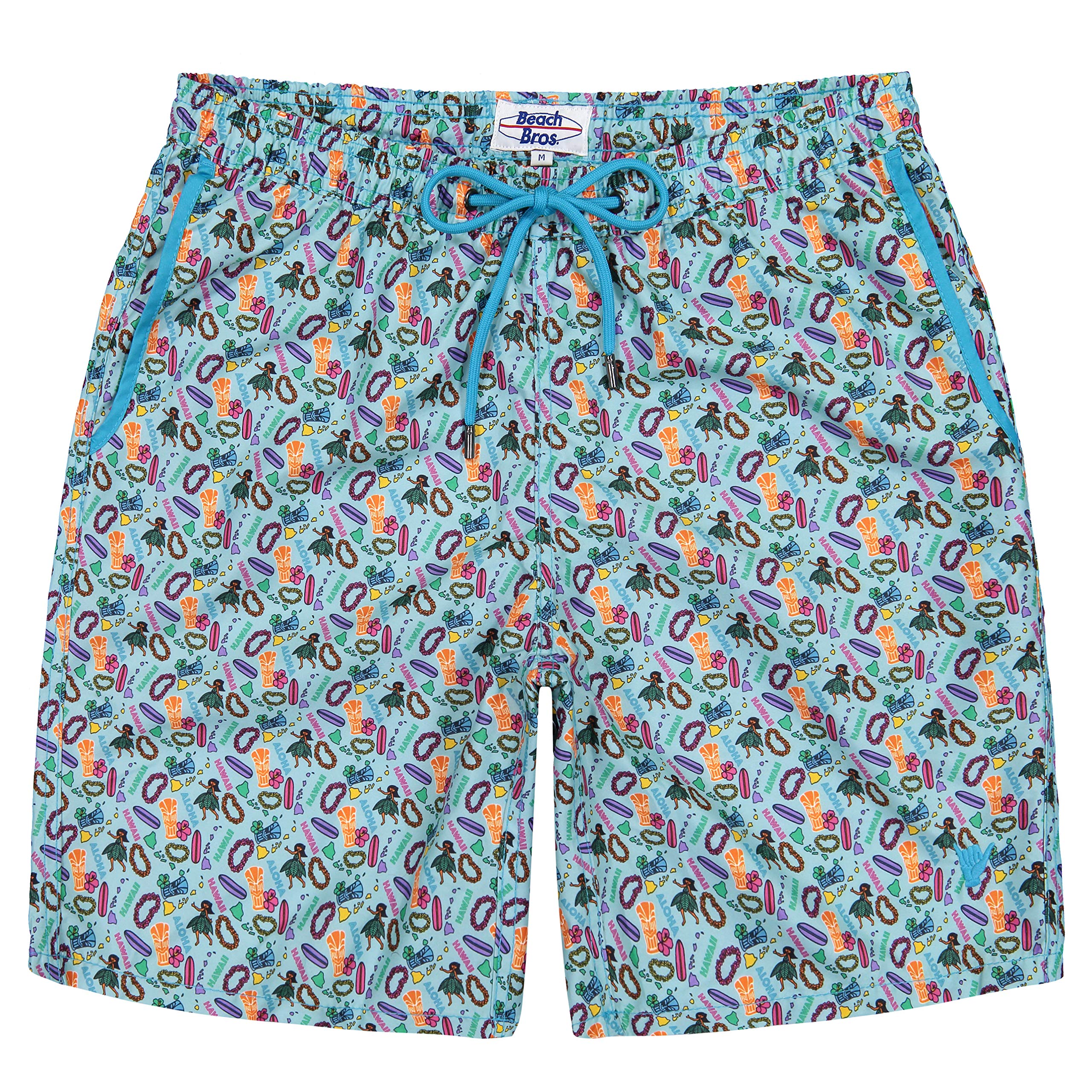 Men’s Swim Trunks, Quick Dry Board Shorts, Lightweight Quick Drying Swimsuit with Elastic Waistband and Pockets, Micro Hawaii Sky Blue, M