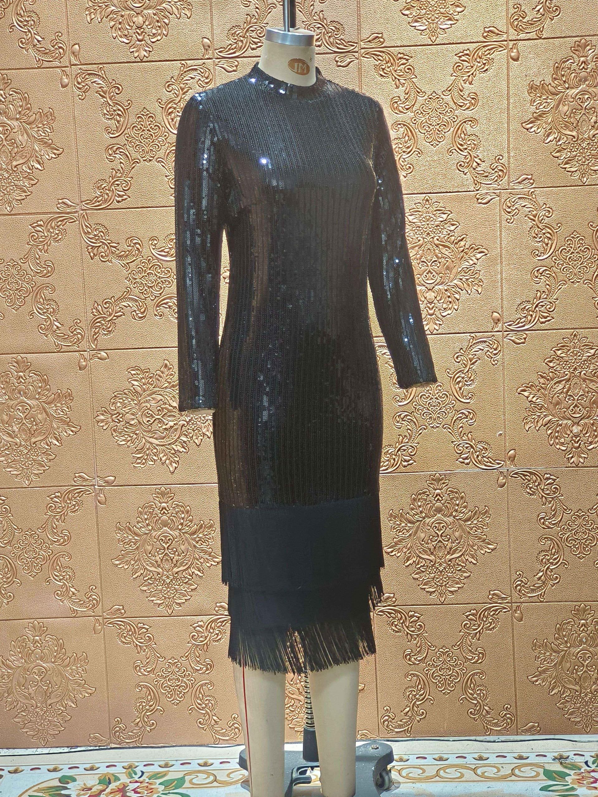 Cololura Elegant Women Sequin Short Sleeve Tassel Bodycon Midi Dress Party Evening Gown Formal Dress