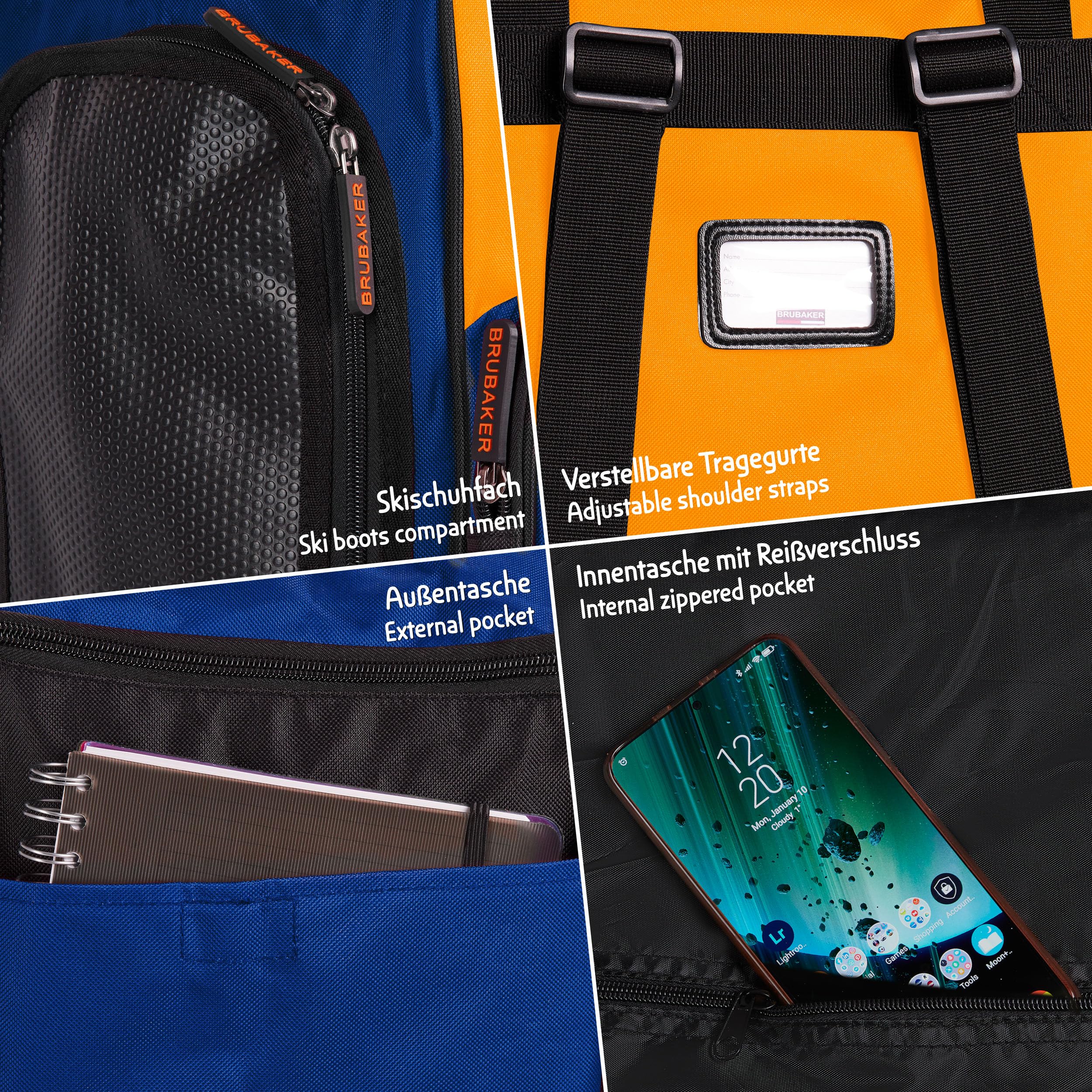 Brubaker Borsa per Scarponi da Sci con Scomparto per Casco - Super Function - Borsa da Sci con Funzione Zaino - Blu Arancione