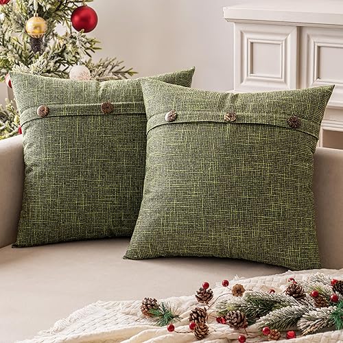 MIULEE  Juego de 2 fundas de almohada decorativas de lino, fundas de cojín vintage con tres botones, para sofá o cama, 18 x 18 pulgadas, color verde