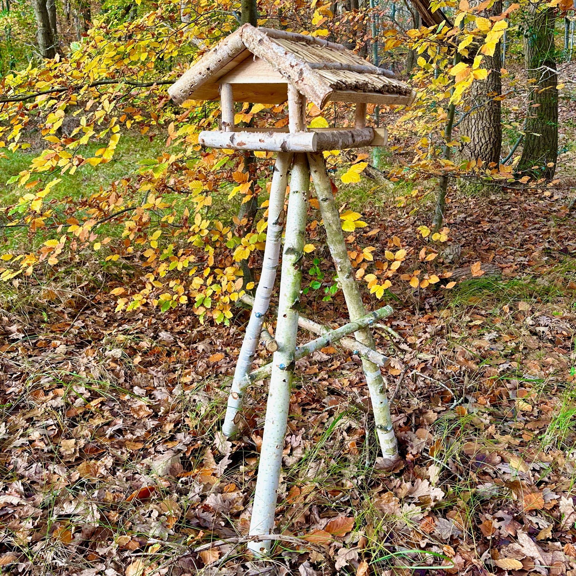 GARTENETAGE Vogelhaus Birke mit Reetdach/Vogelhaus mit Ständer wetterfest und stabil/Vogelfutterhaus mit Ständer/Robustes Vogelhäuschen für Ihren Garten