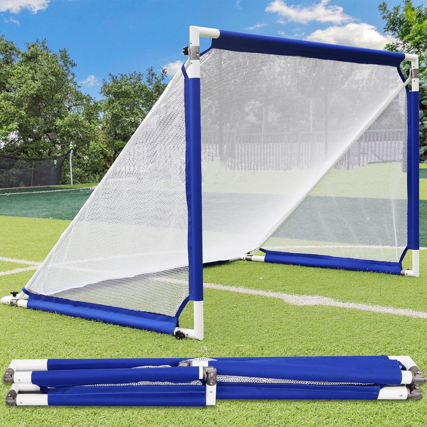 Patented Aluminum Soccer Goal – No-Wobble Design, 10 Second Quick Fold, 4x2.5/5x3/6x4 FT Portable Football Goals for Backyard, Mini Soccer Goal for All Ages Training & Travel with Carry Bag