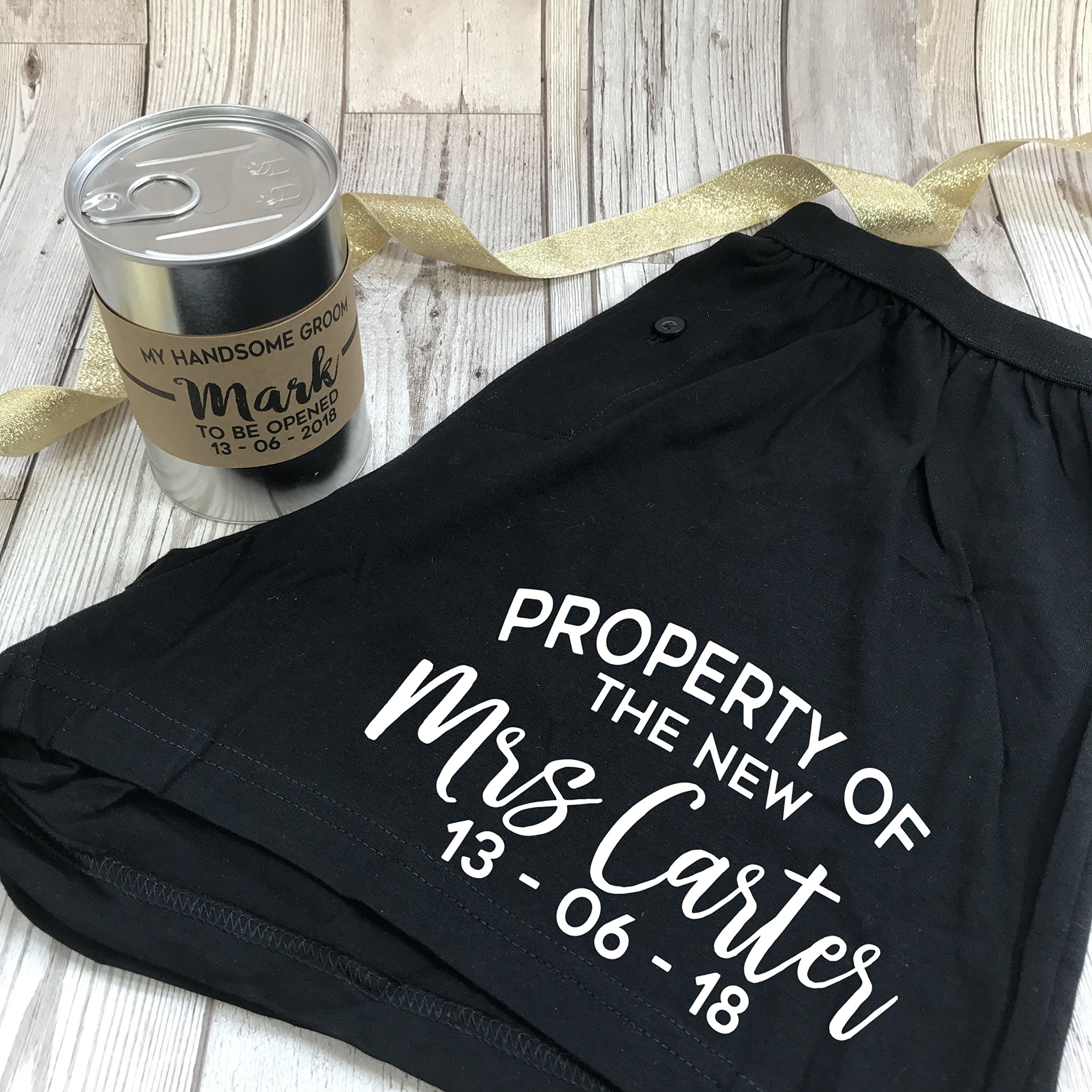 Personalised Groom Boxer Shorts in a Ring Pull Tin Can Wedding Morning Gift Property of The New Mrs