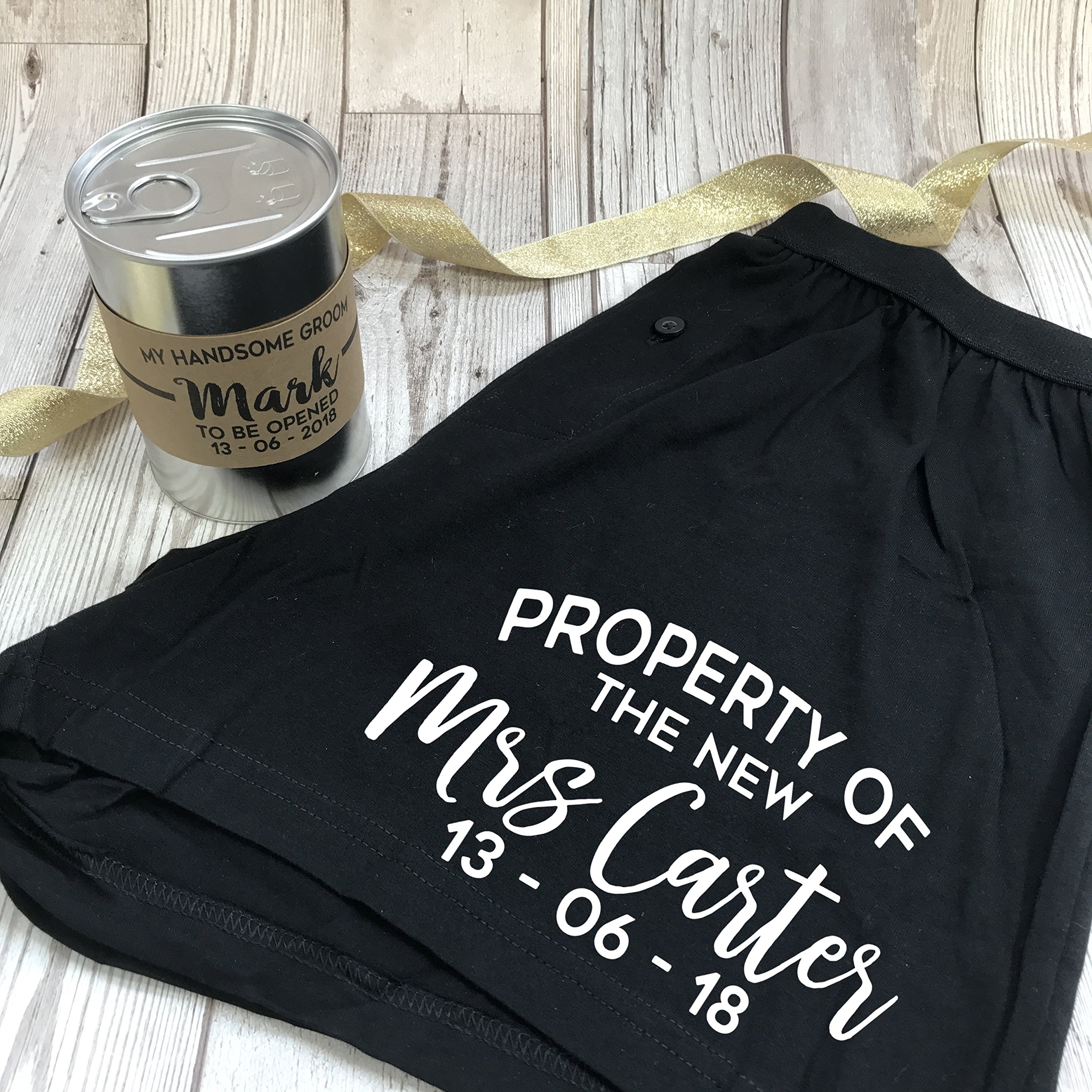 Personalised Groom Boxer Shorts in a Ring Pull Tin Can Wedding Morning Gift Property of The New Mrs