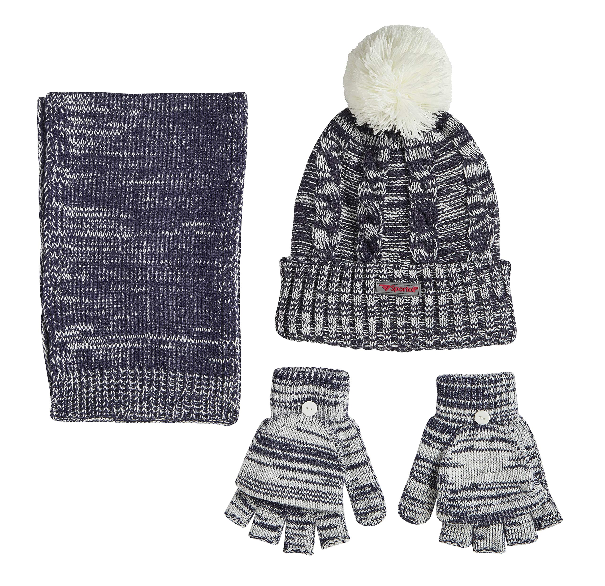 Sportoli Women’s Girls’ kids 3-Piece Cable Knit Cold Weather Set Hat Scarf Glove - Navy Blue (Size Teens / 8-16 Yrs)