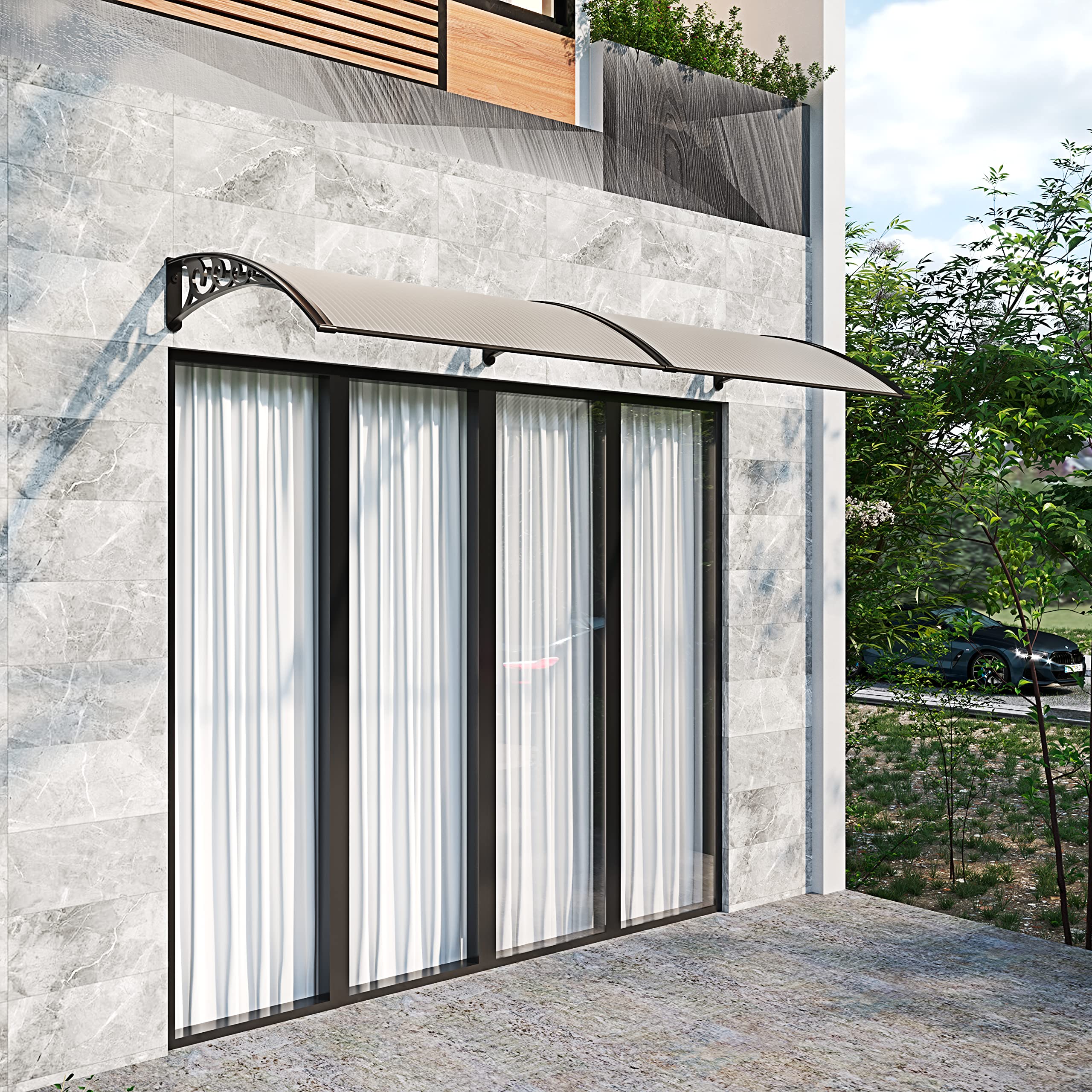 BRICOZONE Pensilina In Policarbonato Alveolare Trasparente Braccetti In ABS Profili In Alluminio Copertura 5 Mm Modulare Estensibile Protezione Ingresso Porta Resistente A Pioggia Neve (80 x 150 cm)
