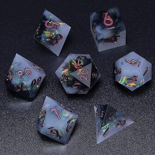 Miniatura 9 de Mini Planet DND - Juego de dados hechos a mano de resina poliédrica de borde afilado, juego de dados hechos a mano, color melocotón, galaxia aurora