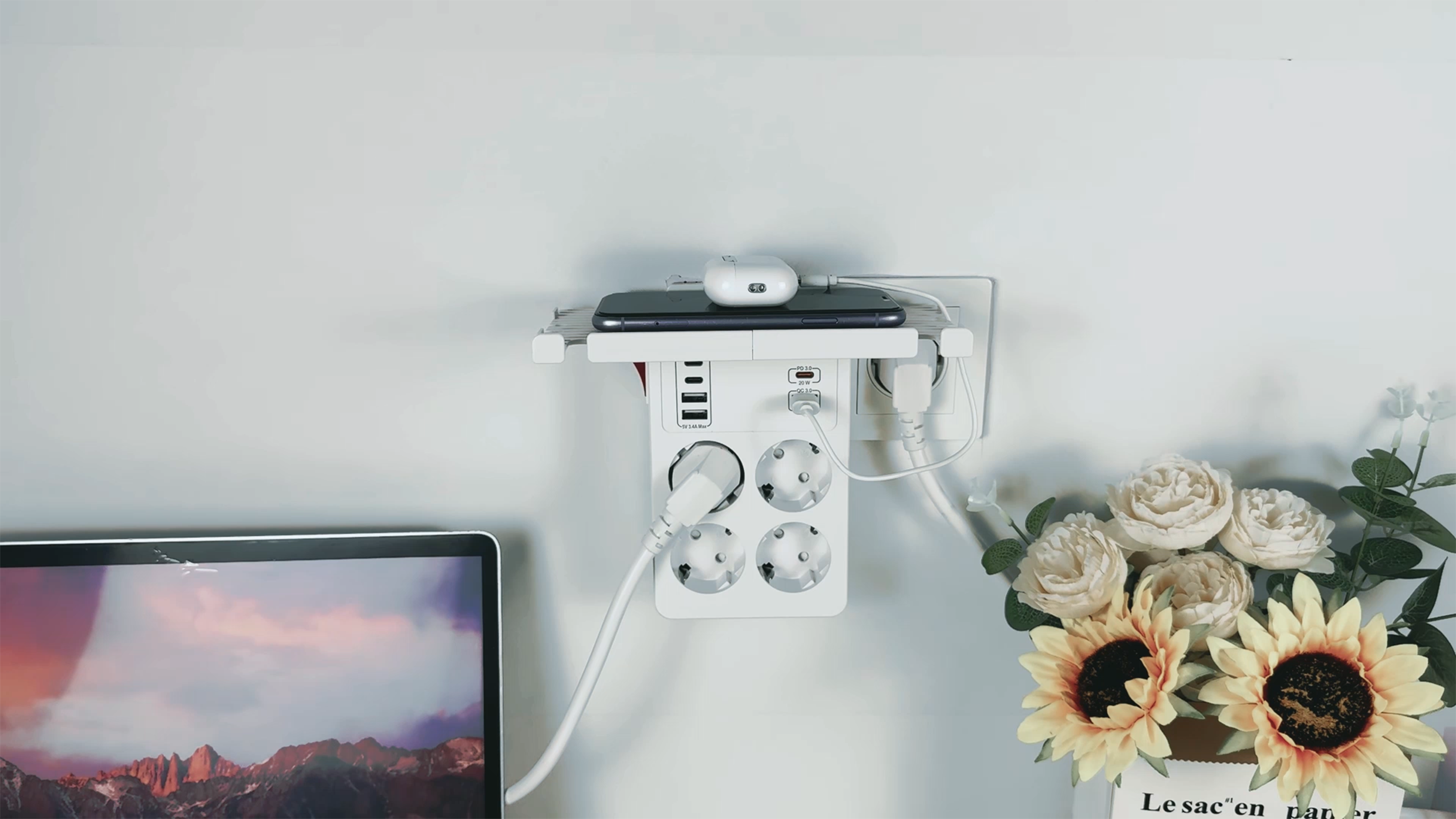 Ciabatta Multipresa Con USB C 20W, Ciabatta Elettrica A Spina Piatta Con 4 Prese, PD20W E QC18W Ricarica Rapida, Multipresa Murale Con Interruttori Indipendenti Con 2M Cavo Per Cucina, Ufficio, Bianco