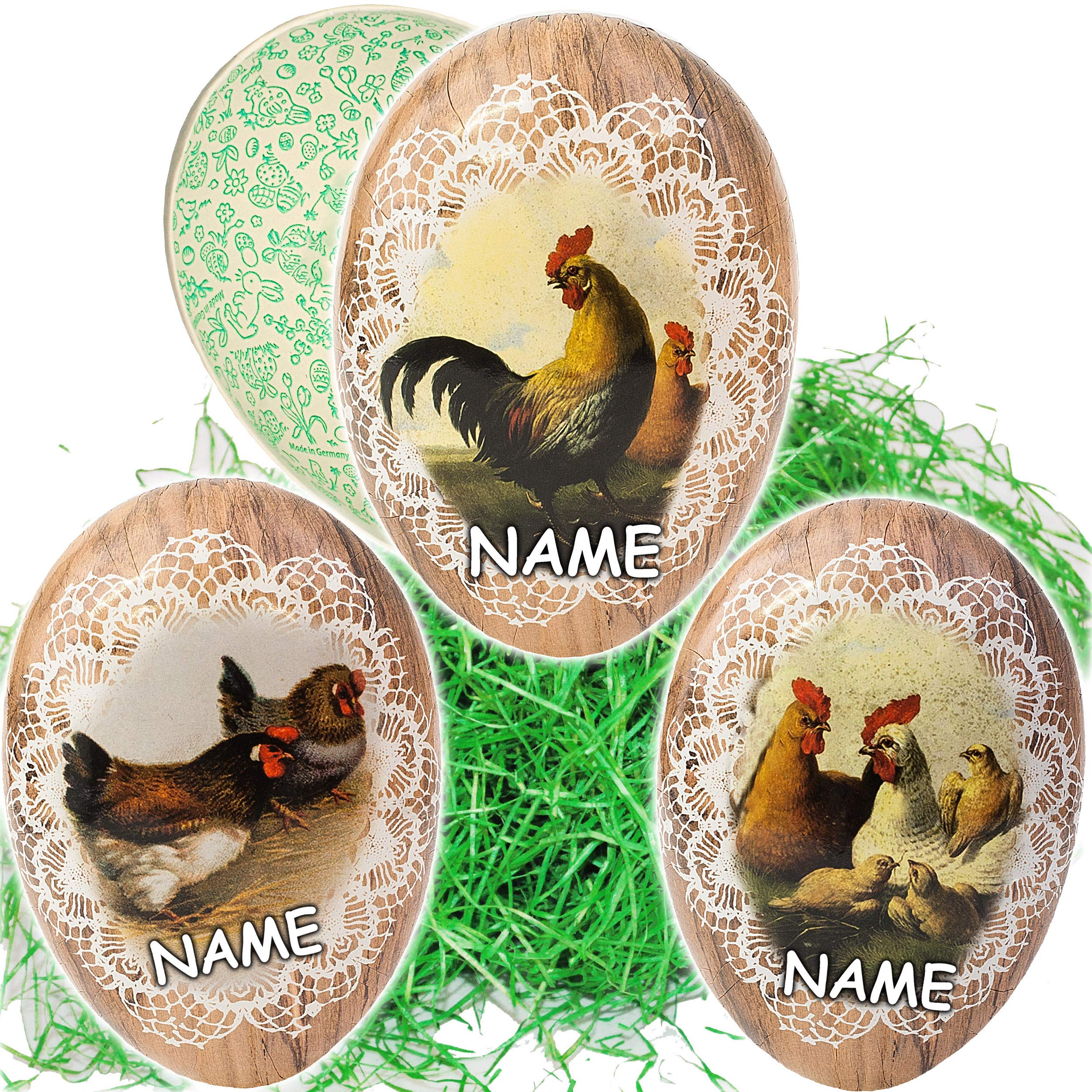 Osterei Aus Pappe 15,5 Cm Mit Ostergras – Motiv „Osterlamm & Küken“, Wasserabweisend, Zum Befüllen Und Verstecken, Handarbeit Aus Deutschland